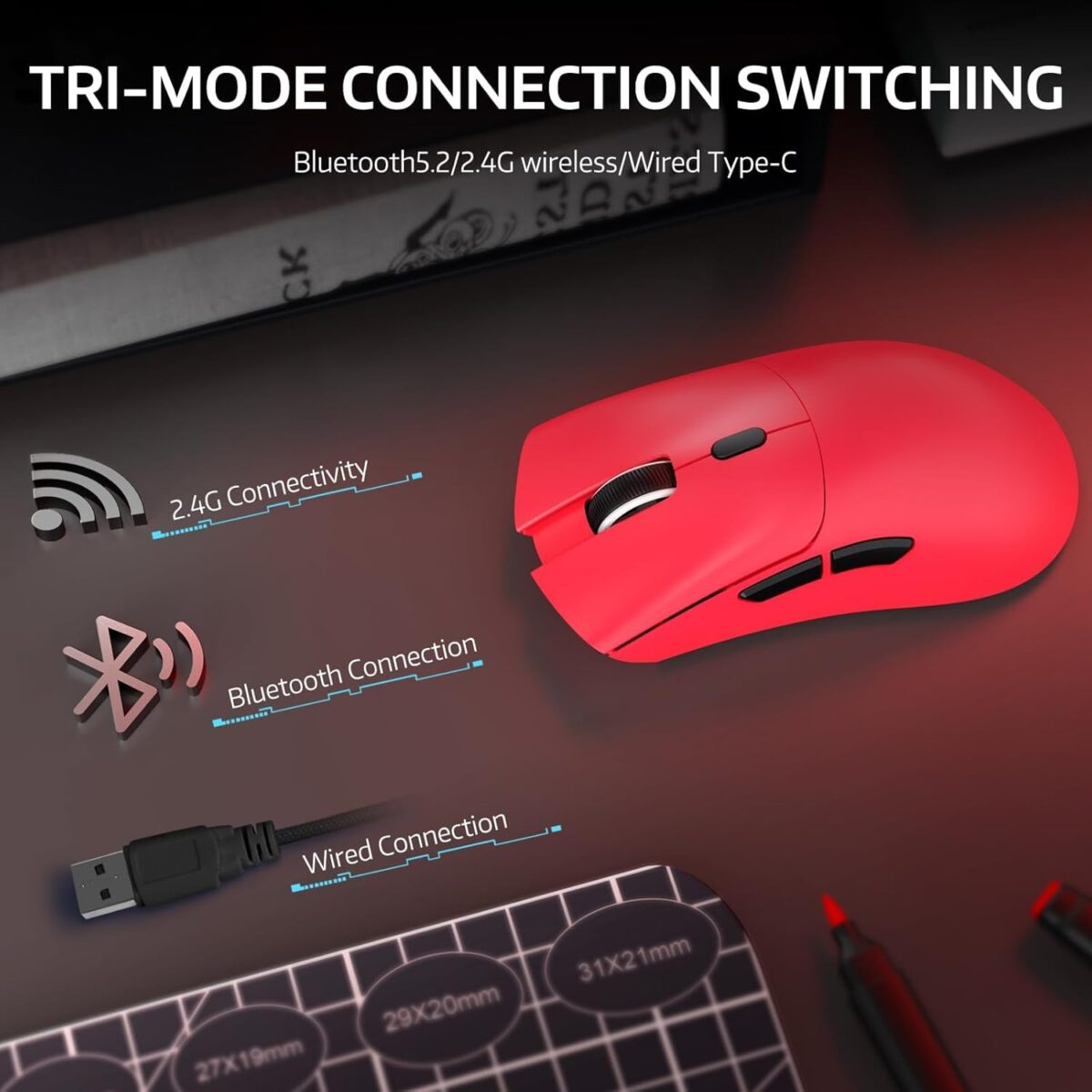 ATTACK SHARK R1 Wireless Gaming Mouse 59g Superlight, PixArt PAW3311 18,000 DPI Sensor, Tri-Mode Wired/2.4G/BT5.2, 65-Hour Battery, 1000Hz, Red - Image 4