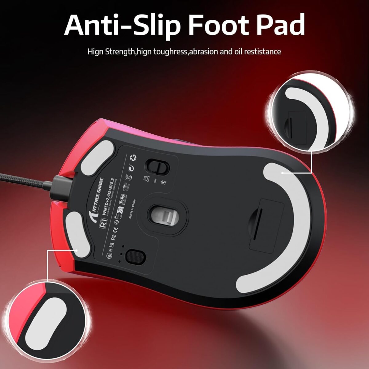 ATTACK SHARK R1 Wireless Gaming Mouse 59g Superlight, PixArt PAW3311 18,000 DPI Sensor, Tri-Mode Wired/2.4G/BT5.2, 65-Hour Battery, 1000Hz, Red - Image 9