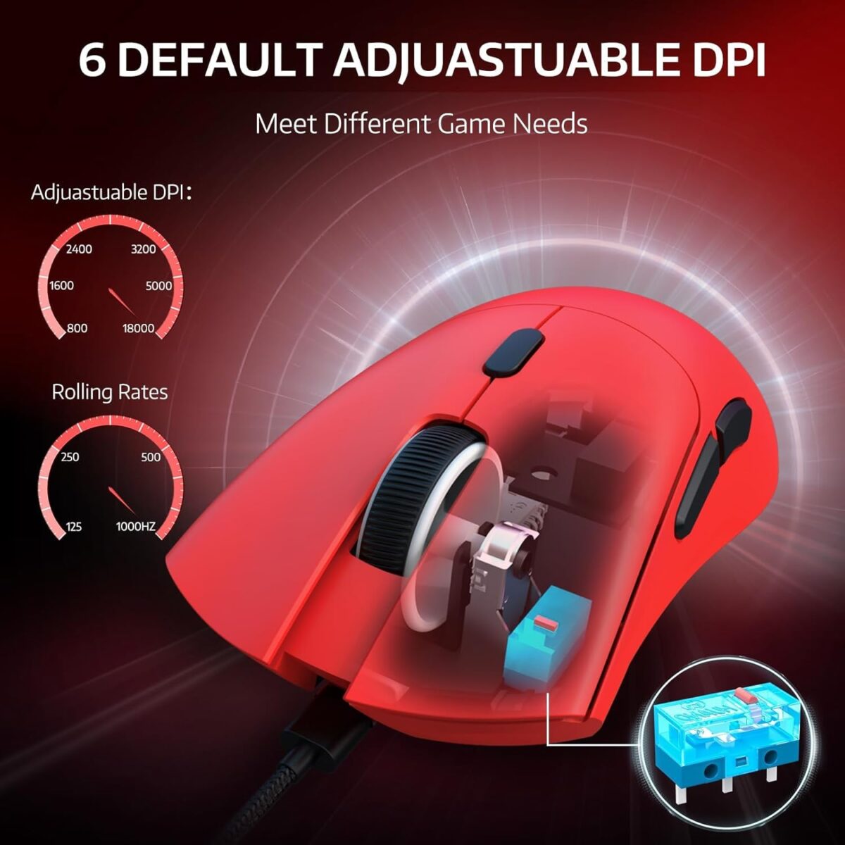 ATTACK SHARK R1 Wireless Gaming Mouse 59g Superlight, PixArt PAW3311 18,000 DPI Sensor, Tri-Mode Wired/2.4G/BT5.2, 65-Hour Battery, 1000Hz, Red - Image 8