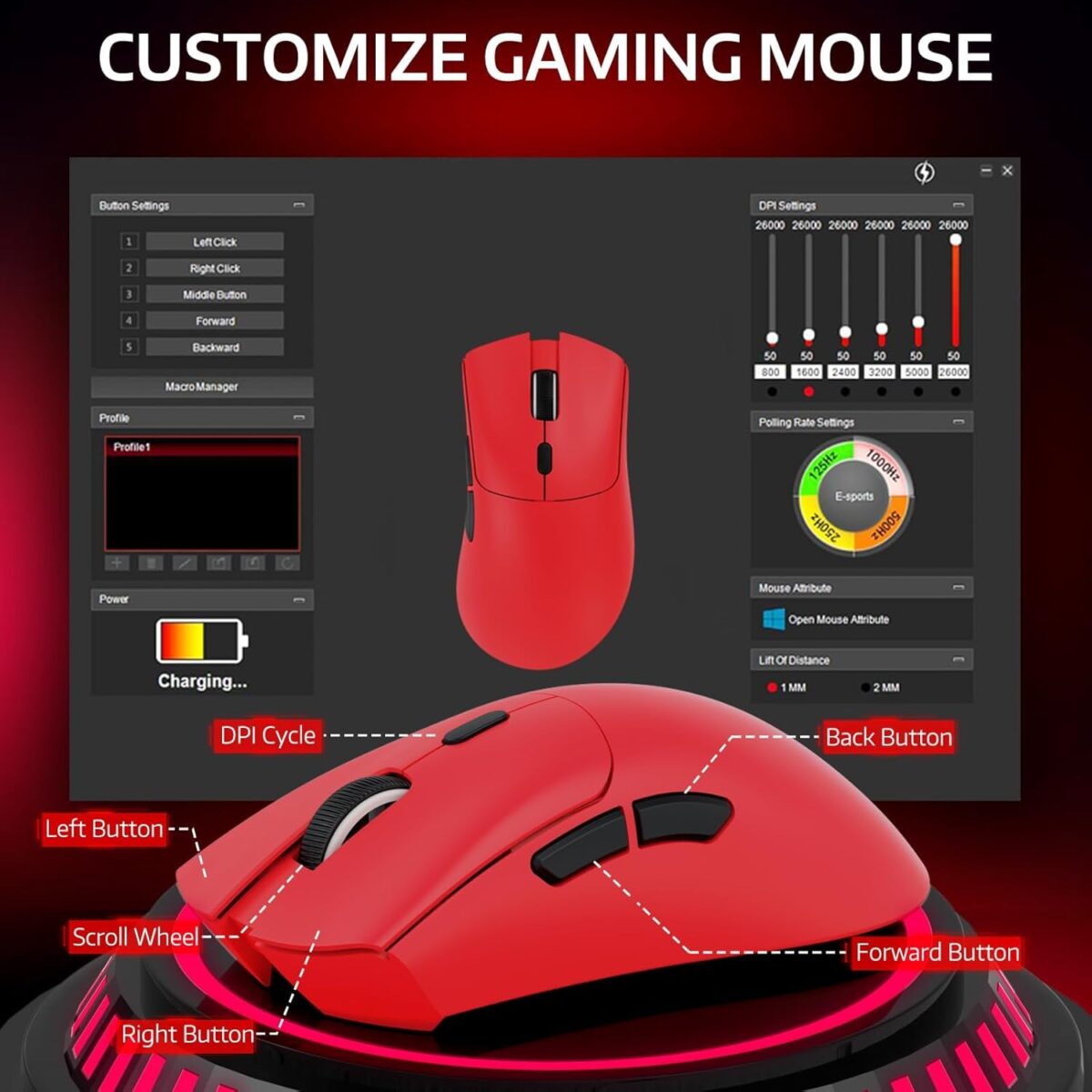 ATTACK SHARK R1 Wireless Gaming Mouse 59g Superlight, PixArt PAW3311 18,000 DPI Sensor, Tri-Mode Wired/2.4G/BT5.2, 65-Hour Battery, 1000Hz, Red - Image 6