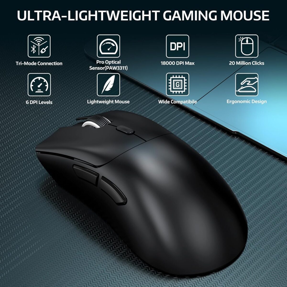 ATTACK SHARK R1 Wireless Gaming Mouse 59g Superlight, PixArt PAW3311 18,000 DPI Sensor, Tri-Mode Wired/2.4G/BT5.2, 65-Hour Battery, 1000Hz - Image 4