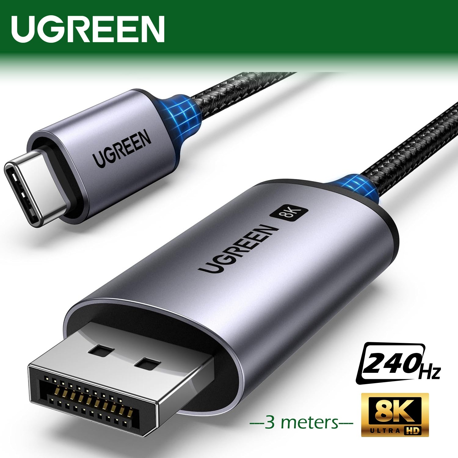 UGREEN USB C To DisplayPort 1.4 Cable 3 meters Supporting 8K@60Hz, 4K@240Hz, 32.4Gbps Bandwidth, HDR, MST Daisy Chain, VRR, ALLM, Braided Aluminum Design, Compatible With Thunderbolt 4/3 Devices