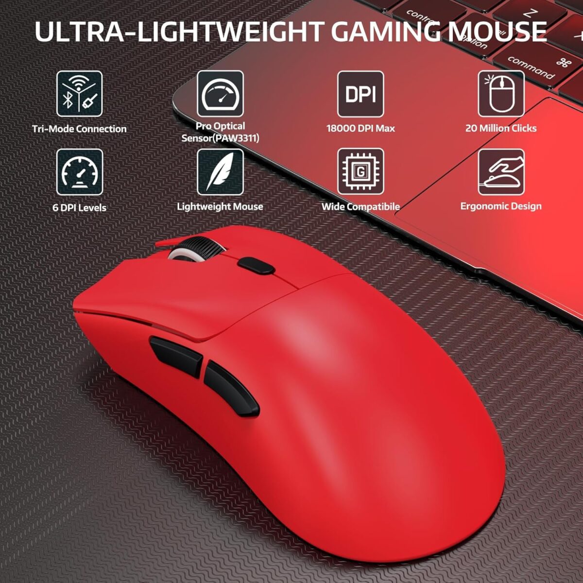 ATTACK SHARK R1 Wireless Gaming Mouse 59g Superlight, PixArt PAW3311 18,000 DPI Sensor, Tri-Mode Wired/2.4G/BT5.2, 65-Hour Battery, 1000Hz, Red - Image 3