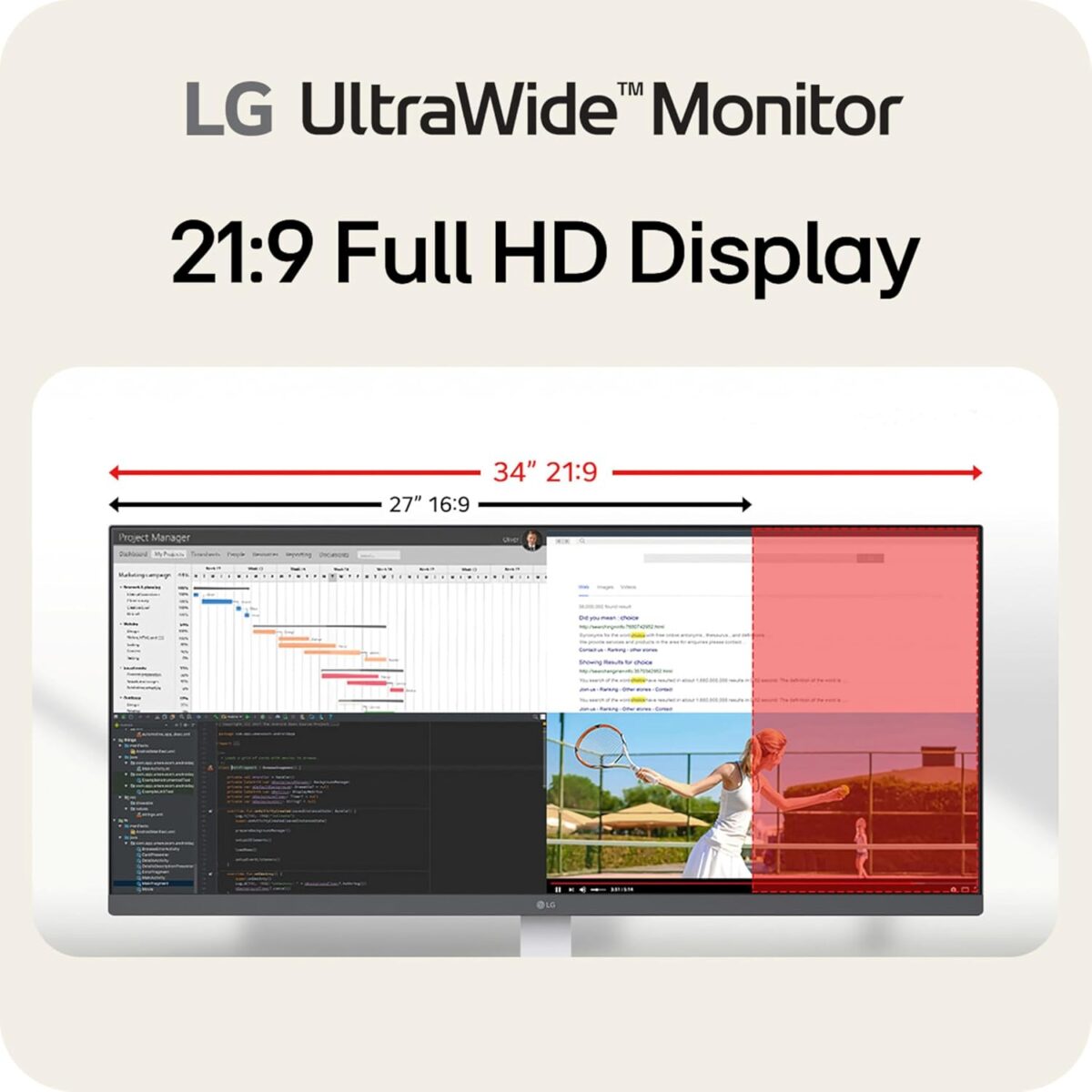 LG 34U530A-W 34-inch UltraWide WFHD (2560 x 1080) IPS Wide Computer Monitor, 100Hz, VESA DisplayHDR 400, HDMI, DisplayPort, USB Type-C, Tilt/Height/Swivel Stand, White
