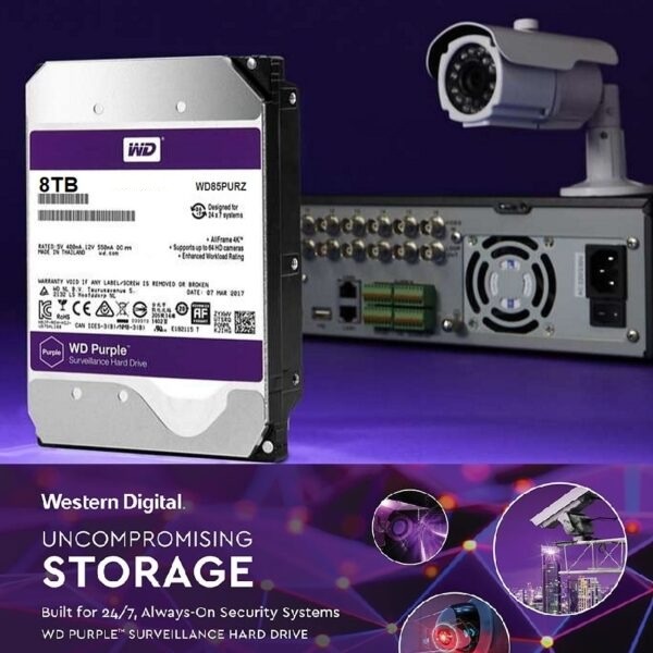 Western Digital 8TB WD Purple Surveillance Internal Hard Drive HDD - 7200 RPM, SATA 6 Gb/s, 256 MB Cache, 3.5" - WD85PURZ-89VVBY0