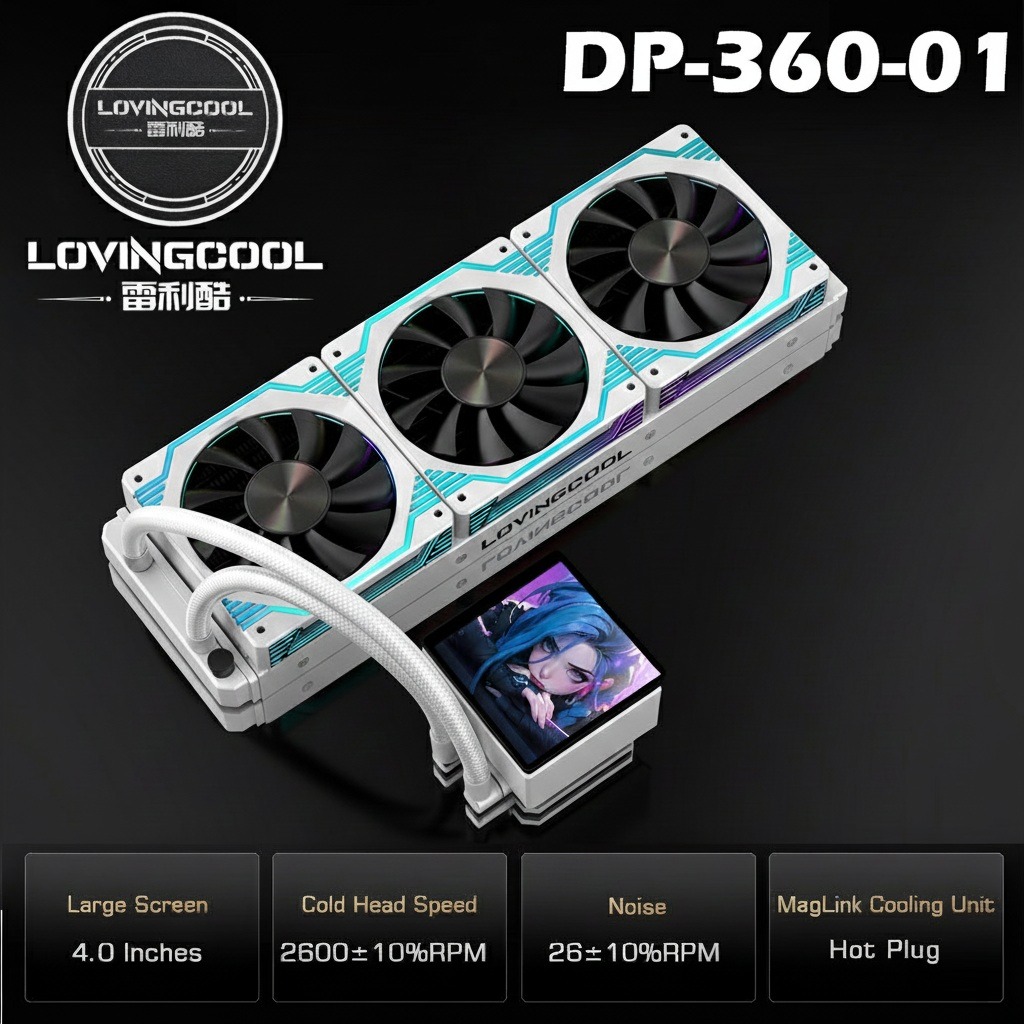 LOVINGCOOL DP-360-01 Liquid Cooler With 4.0-inch Magnetic Large Screen Supports MP4 -JPG-GIF , 3x 120mm PWM ARGB 5V Fan With Infinity Mirror Design , 2600 RPM Pump Speed , 67 CFM , 26dBA | WHITE