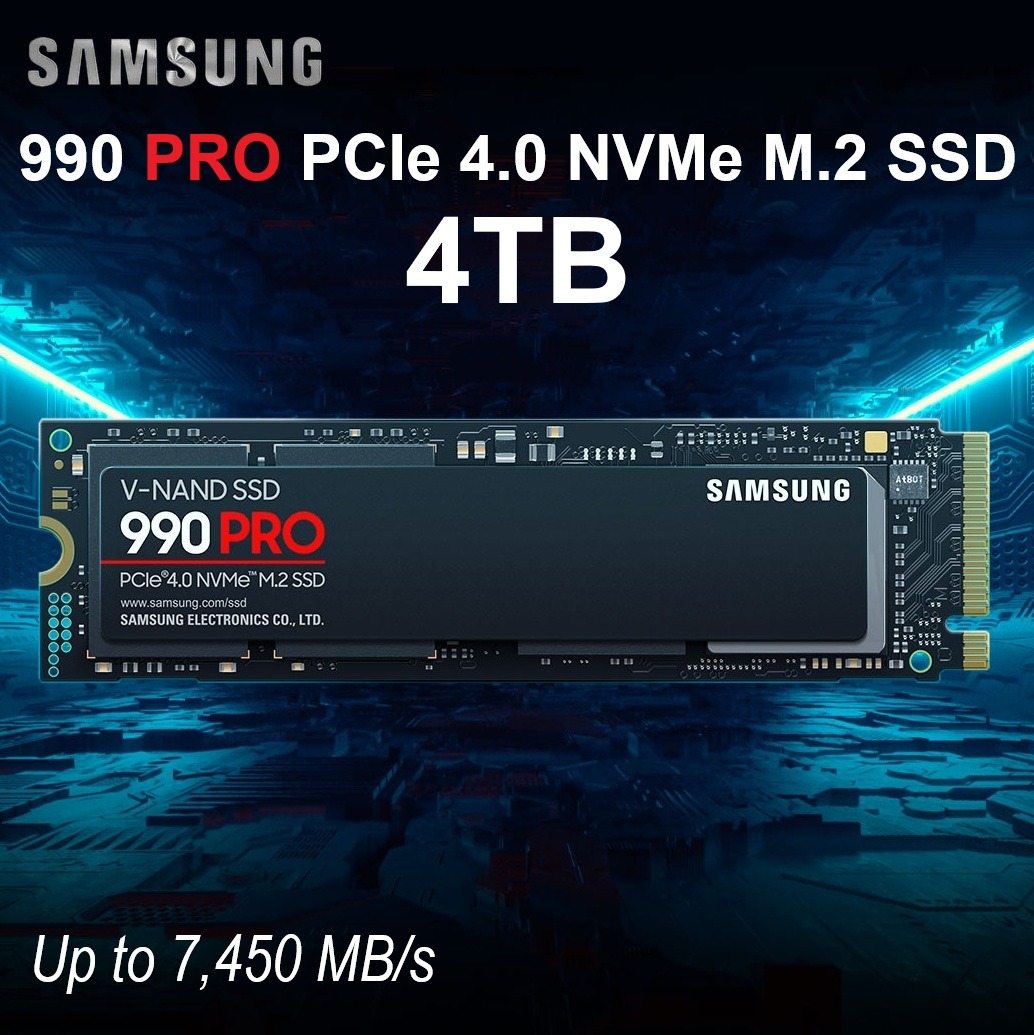 MZ-V9P4T0BW SAMSUNG 990 PRO 4TB GEN4 7450MB/S WITHOUT HEATSINK Samsung 990 PRO PCIe 4.0 NVMe M.2 SSD 4TB With Up To 7450MB/s Read 6900MB/s Write 4GB LPDDR4 Cache V-NAND TLC AES 256-Bit Encryption 1.6M IOPS Random Read | MZ-V9P4T0BW