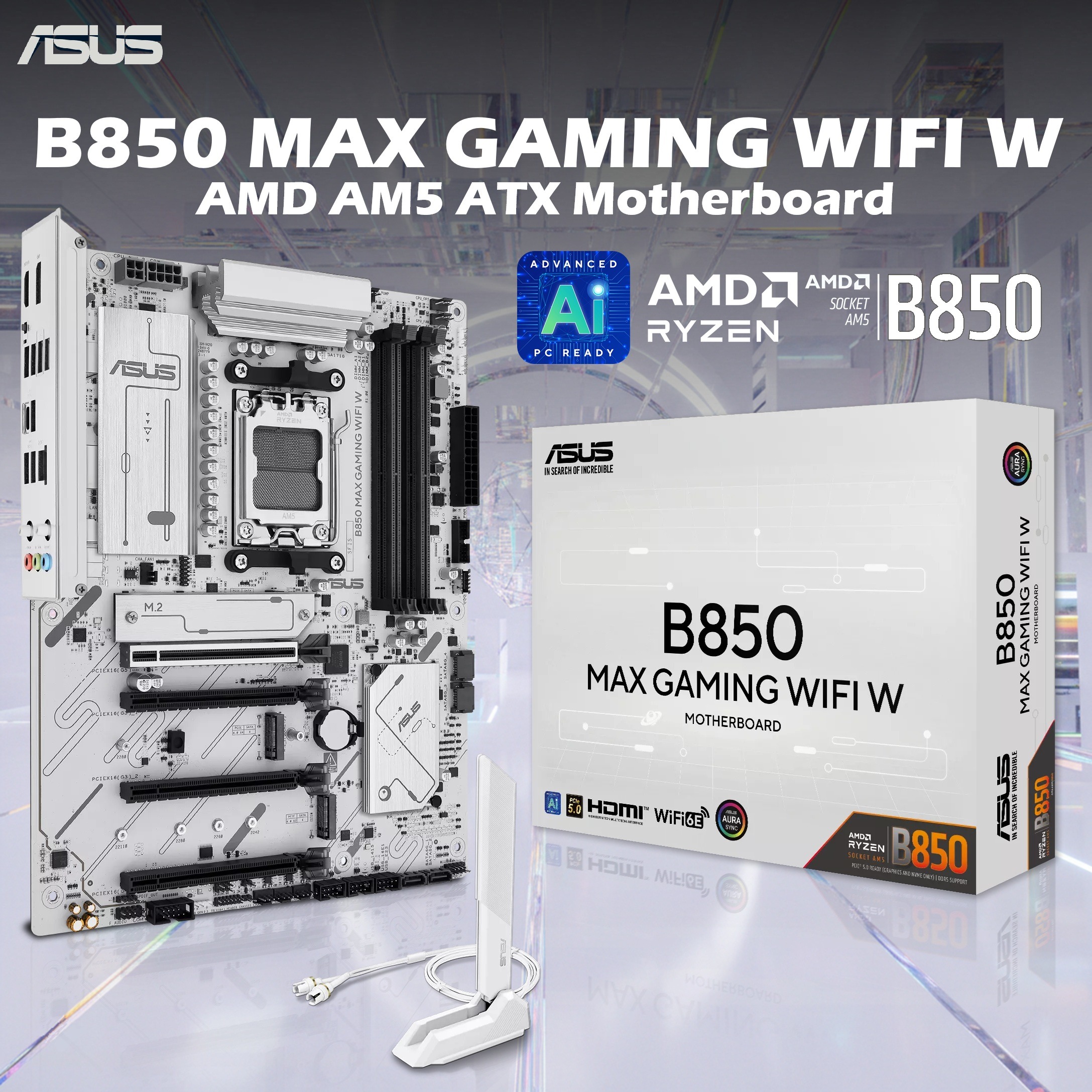 90MB1M10-MVAAY0 ASUS B850 MAX GAMING WIFI W AM5 MOTHERBOARD ASUS B850 MAX GAMING WIFI W - AMD AM5 ATX Motherboard, For Ryzen 9000/8000/7000, DDR5 8000+ MT/s, PCIe 5.0 x16, Triple M.2, WiFi 6E, 2.5Gb LAN, USB 10Gbps Type-C, DisplayPort, HDMI, BIOS FlashBack, Aura Sync