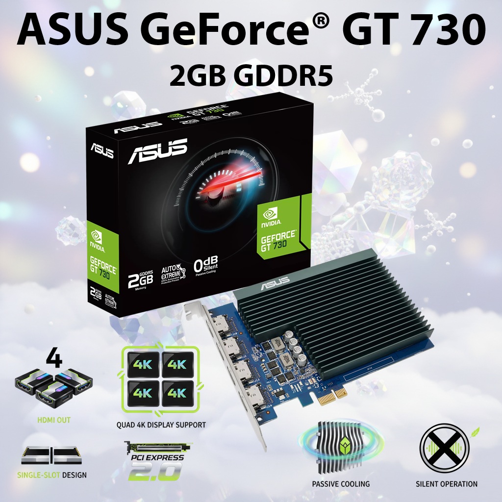 ASUS GeForce® GT 730 Graphics Card With 2GB GDDR5, 4x HDMI 4K Output, Passive Cooling, Single-Slot Design, PCIe 2.0, GPU Tweak II, Windows 11 Support 