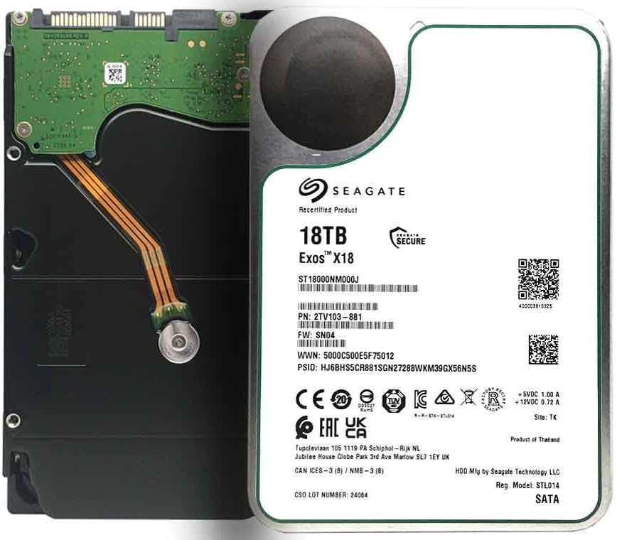 Seagate Exos X18 18TB Enterprise HDD With 550TB/Yr Workload, 2.5M MTBF, 270MB/s Transfer Rate, Helium-Sealed 3.5in Design, PowerChoice, PowerBalance, And AES-256 Seagate Secure Protection ~ ST18000NM000J