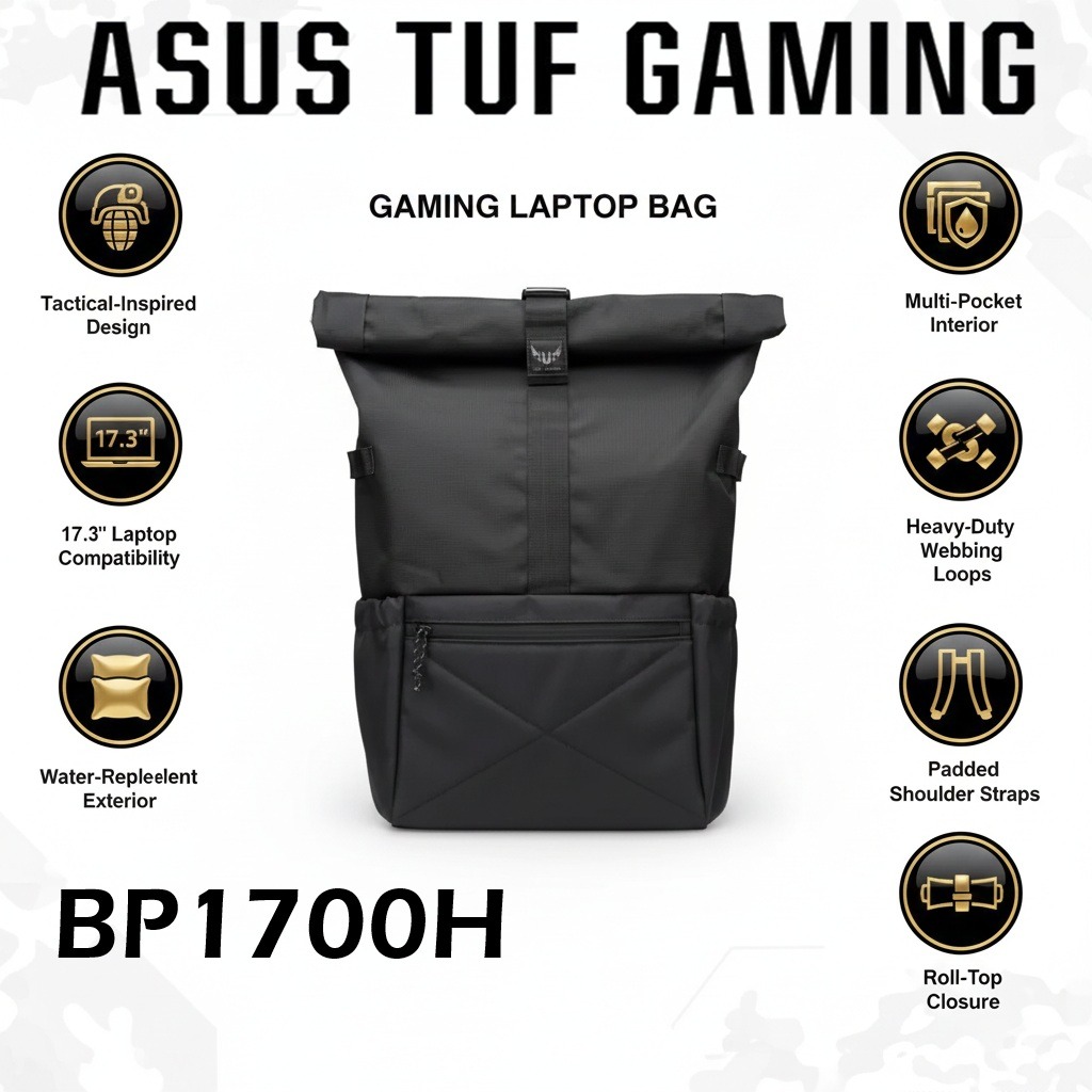 ASUS TUF Gaming BP1700H Tactical Laptop Backpack For 17.3-Inch Notebooks With Water-Repellent Polyester, Roll-Top Closure, Padded Straps, And Multi-Pocket Storage | 90XB05J0-BBP000