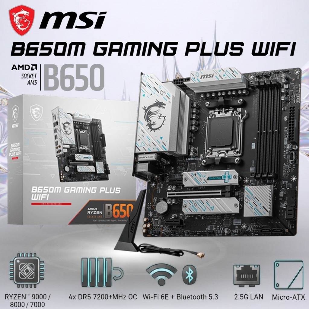 MSI B650M Gaming Plus WiFi Micro-ATX Motherboard With AMD B650 Chipset, 4x DDR5 UDIMM 7200+MHz OC, PCIe 4.0, Dual M.2, Wi-Fi 6E, Bluetooth 5.3, 2.5G LAN , Supports Ryzen 9000/ 8000/ 7000 Series  Processors