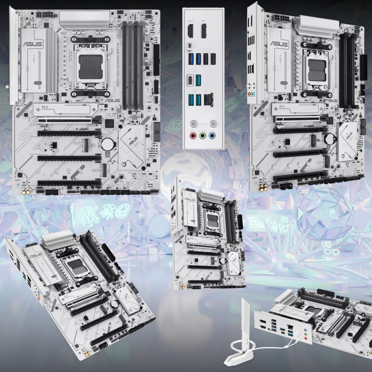 90MB1M10-MVAAY0 ASUS B850 MAX GAMING WIFI W AM5 MOTHERBOARD ASUS B850 MAX GAMING WIFI W - AMD AM5 ATX Motherboard, For Ryzen 9000/8000/7000, DDR5 8000+ MT/s, PCIe 5.0 x16, Triple M.2, WiFi 6E, 2.5Gb LAN, USB 10Gbps Type-C, DisplayPort, HDMI, BIOS FlashBack, Aura Sync
