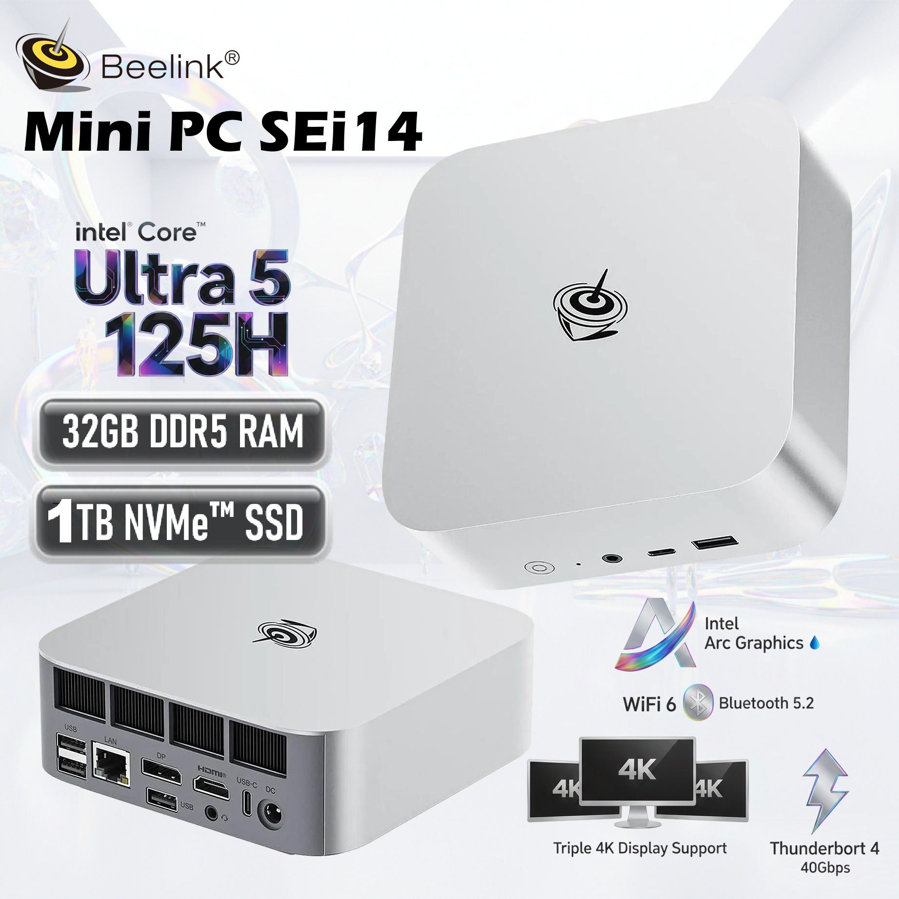 Beelink SEi14 Mini PC : Intel® Core Ultra 5 125H | 32GB DDR5 RAM ; 1TB PCIe 4.0 SSD | Intel® Arc Graphics | Triple 4K Display, WiFi 6 & Bluetooth 5.2 | DOS | Frost Silver