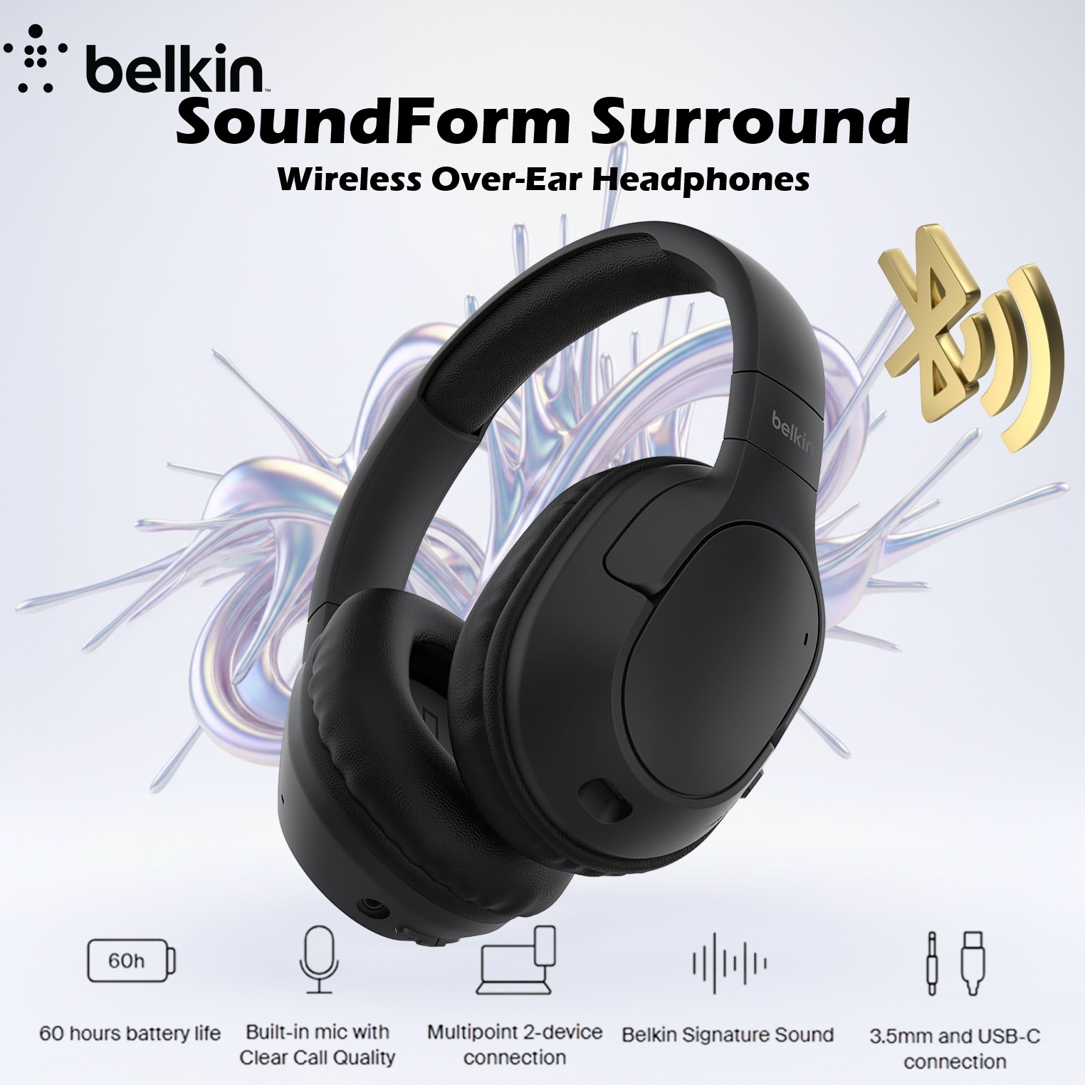 Belkin SoundForm Surround Bluetooth Over-Ear Headphones, Noise Cancelling Headphones, Wireless with 60H Playtime and Soft Ear Cups , for iPhone, Galaxy, iPad | BLACK ~ AUD009HQBK