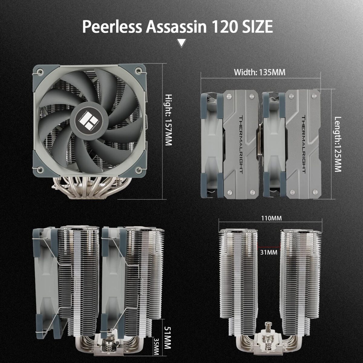 Thermalright Peerless Assassin 120 CPU Air Cooler With 6 Heat Pipes, Dual 120mm PWM Fans, 245W TDP, AGHP Technology, Aluminium Heatsink, For Intel And AMD AM4 AM5 LGA1700 | GRAPHITE SILVER