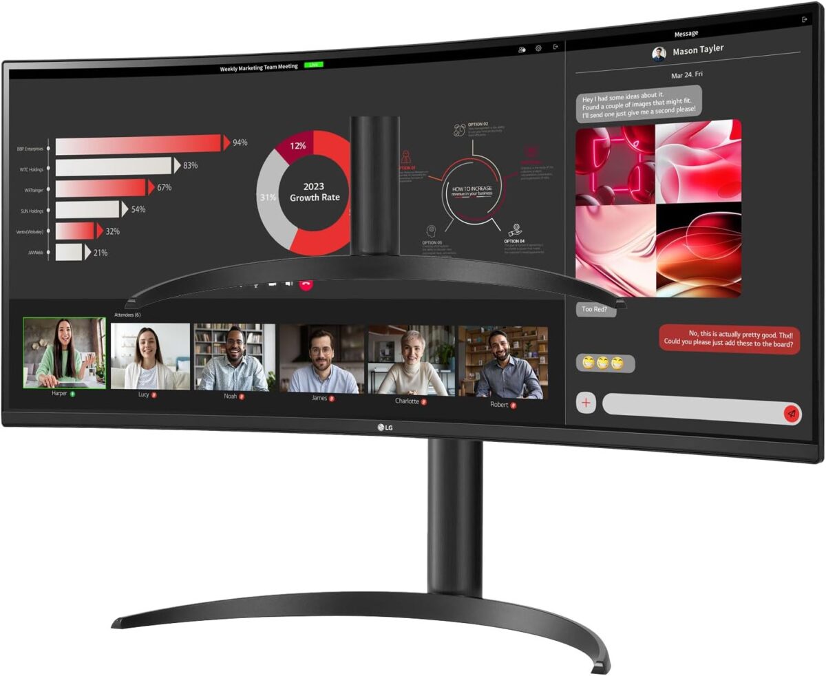 LG 34 Inch UltraWide Curved Monitor WQHD 3440x1440 HDR10 VA Panel 100Hz AMD FreeSync USB Type-C 65W PD PBP Dual Controller Tilt Height Stand 3-Side Borderless Design – 34WR55QC-B 
