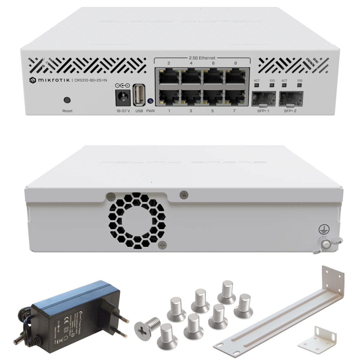 MikroTik CRS310-8G+2S+IN 8×2.5G Ethernet Switch With Dual 10G SFP+ Ports, Dual-Core ARM CPU, Marvell 98DX226S Chip, 256MB RAM, USB, Rackmount Support, RouterOS v7 L5