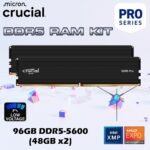 CP2K48G56C46U5 RAM CRUCIAL PRO 96GB (48X2) 5600MHZ BLACK Crucial Pro 96GB DDR5-5600 RAM Kit (48GB x2), Low-Profile Heat Spreader, CL46, Intel XMP 3.0 & AMD EXPO, 1.1V UDIMM, High-Bandwidth Memory for Gaming, Creators & Workstations ~ BLACK CP2K48G56C46U5