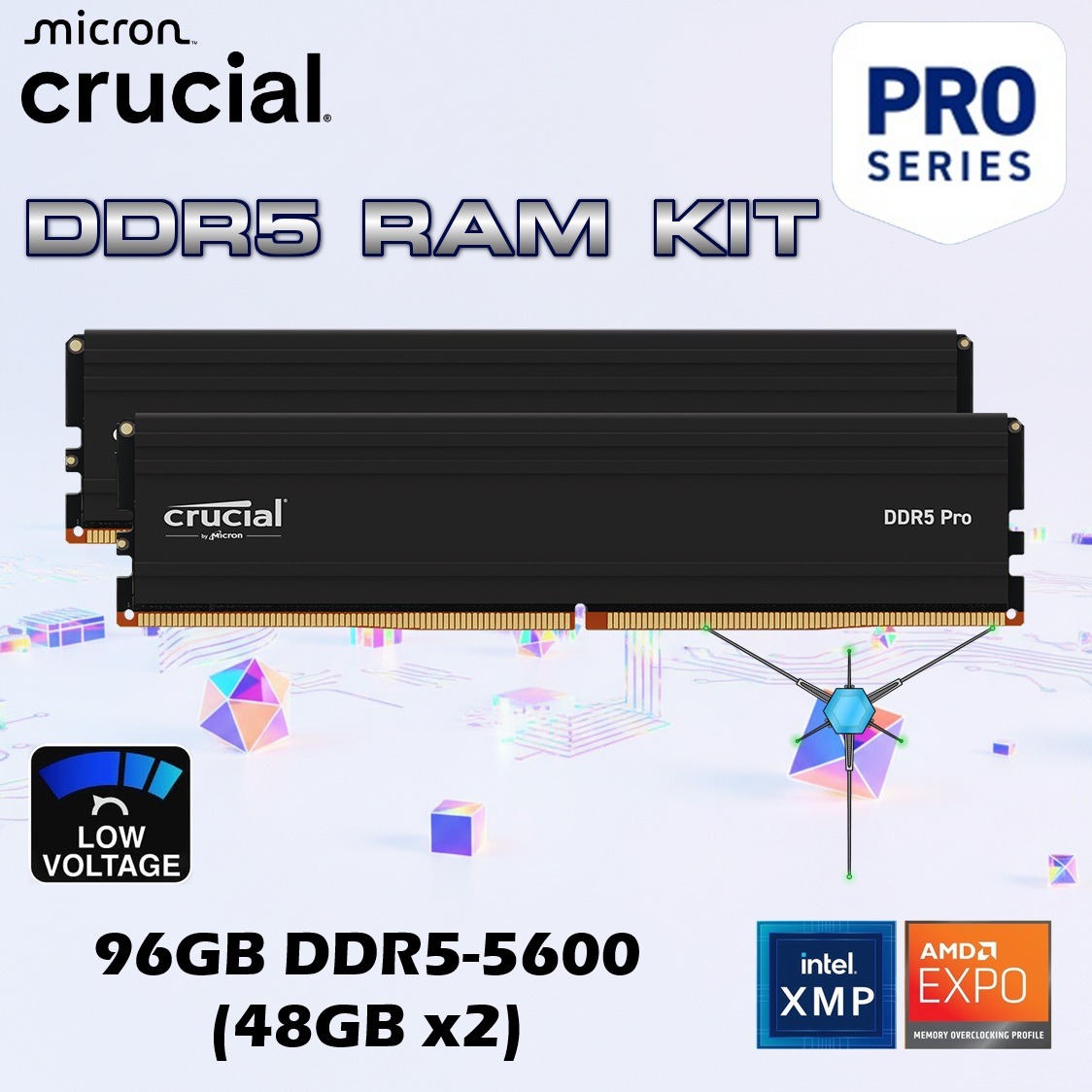 CP2K48G56C46U5 RAM CRUCIAL PRO 96GB (48X2) 5600MHZ BLACK Crucial Pro 96GB DDR5-5600 RAM Kit (48GB x2), Low-Profile Heat Spreader, CL46, Intel XMP 3.0 & AMD EXPO, 1.1V UDIMM, High-Bandwidth Memory for Gaming, Creators & Workstations ~ BLACK CP2K48G56C46U5