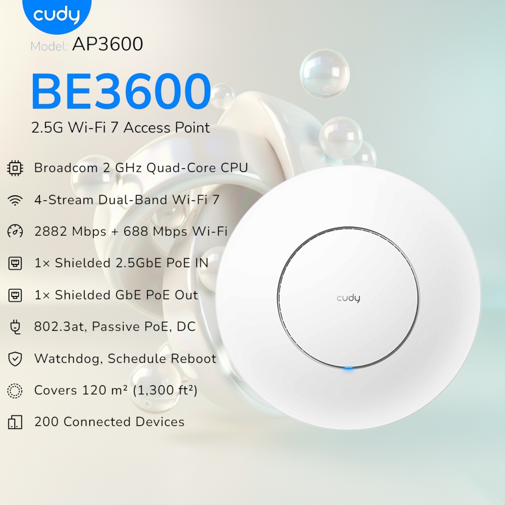 Cudy BE3600 Wi-Fi 7 Access Point With 2.5G PoE, Dual-Band 3570Mbps MLO, Quad-Core 2.0GHz CPU, MU-MIMO OFDMA, Mesh Roaming, 200 Devices | AP3600 