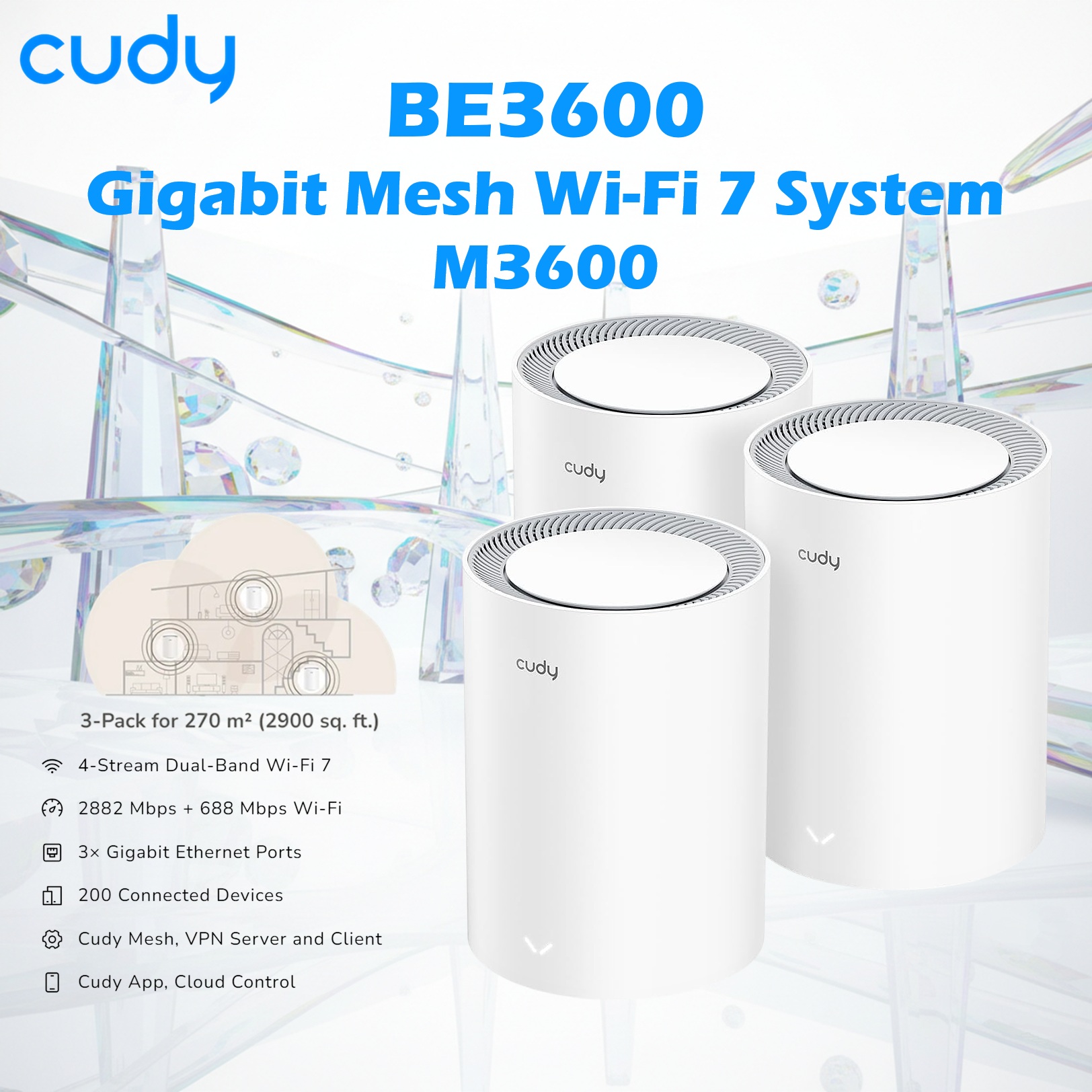 Cudy BE3600 Gigabit Mesh Wi-Fi 7 System With Dual-Band 3.6Gbps Speed, Quad-Core CPU, MLO, 3× Gigabit Ports, VPN, App Control, 200 Devices | M3600 ~ 3-Pack