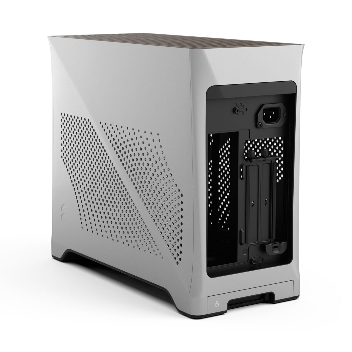 Fractal Era 2 Silver Mini-ITX PC Case With Anodized Aluminum Body, Walnut Top Panel, PCIe 4.0 Riser, 280 Mm AIO Support, Dual Aspect PWM Fans, 4×2.5-Inch Drive Mounts, 3-Slot GPU Compatibility ~ FD-C-ERA2N-01
