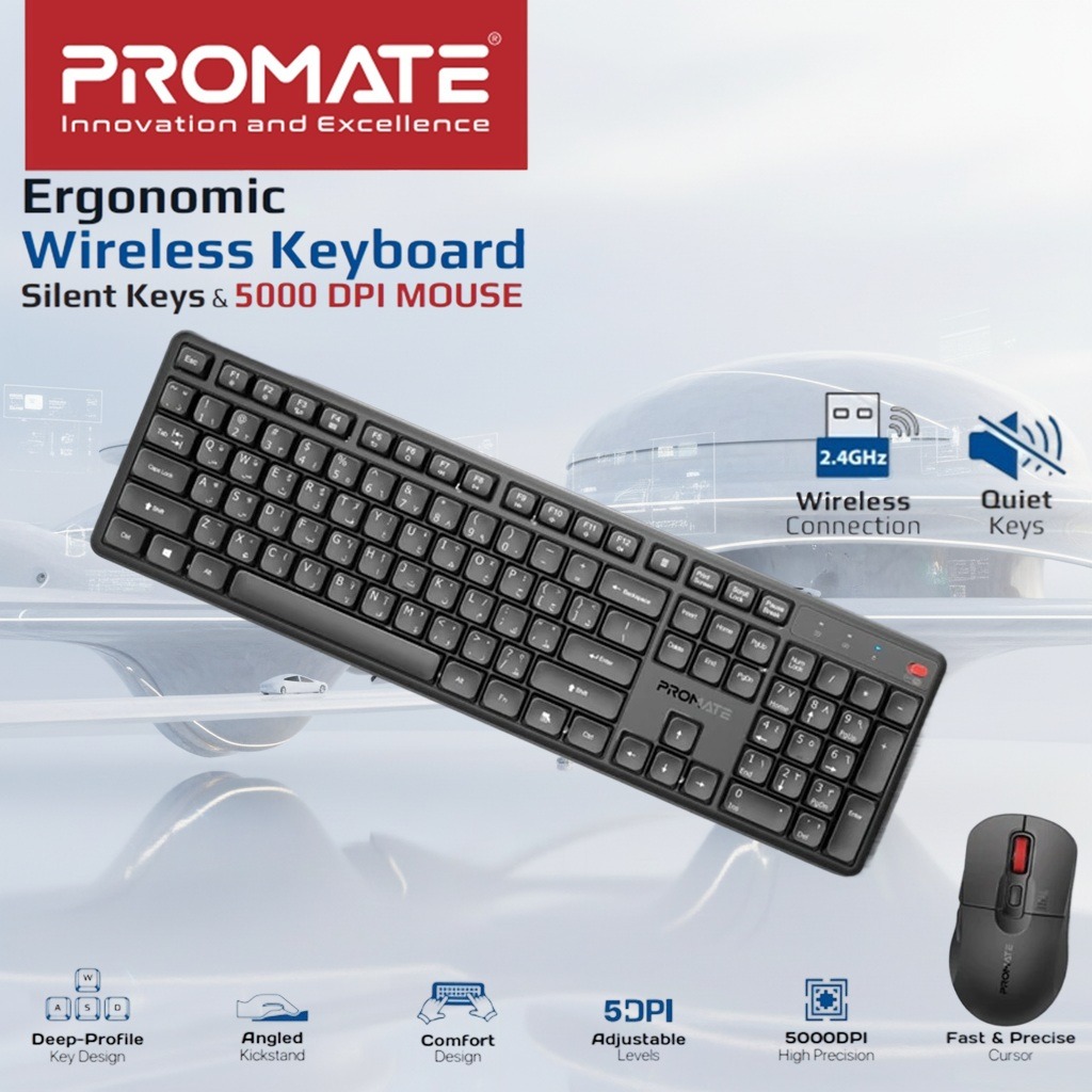 Promate ProCombo-15 Wireless Keyboard And Mouse Combo With Silent Keys Under 22dB, Ergonomic Design, 2.4GHz Connectivity, 5000 DPI Adjustable Mouse, Plug And Play Support