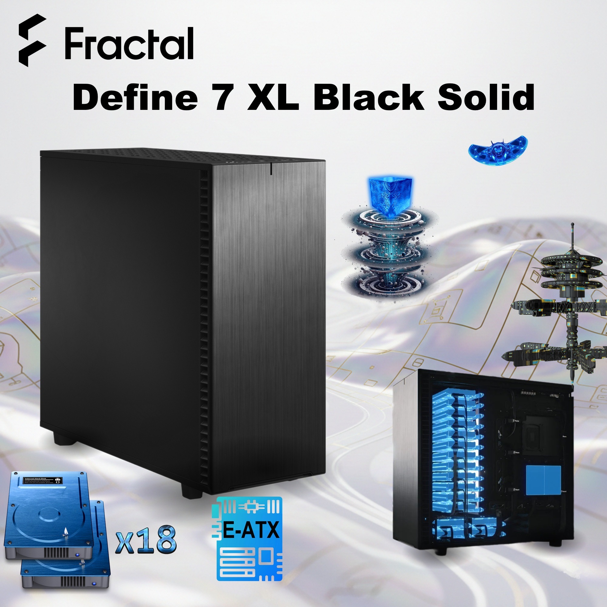 FD-C-DEF7X-01 FRACTAL DESIGN DEFINE 7 XL BLACK FULL TOWER GAMING CASE Fractal Design Define 7 XL Black Solid Full Tower Case With Dual-Layout Interior, E-ATX Compatibility, 18-Drive Storage Support, Massive Cooling Flexibility, Sound-Damped Panels , For Ai Gaming ,  Double Processor , Double Optical Drive,  Server Build 