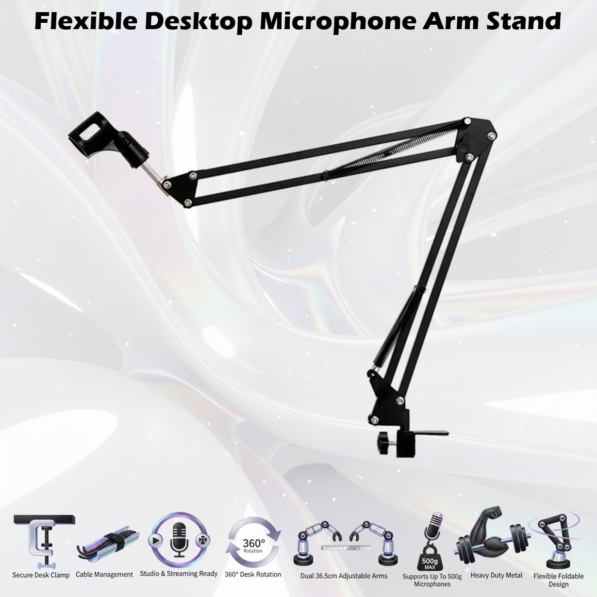 Flexible Desktop Microphone Arm Stand With Dual 35cm Arms, 360° Rotation, Desk Clamp Mount, Vibration Reduction Design, Metal Construction, Supports Microphones Up To 500g