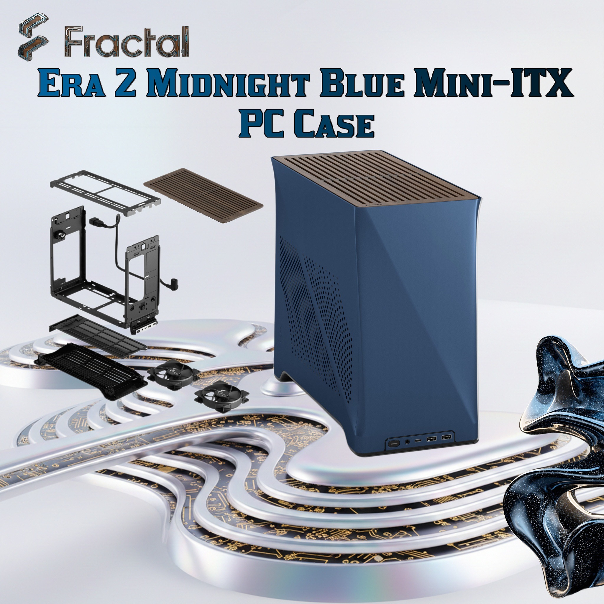 FD-C-ERA2N-03 FRACTAL DESIGN ERA 2 MINI-ITX MIDNIGHT BLUE CASE Fractal Era 2 Midnight Blue Mini-ITX Case With Anodized Aluminum Body, Walnut Top Panel, PCIe 4.0 Riser, 280 Mm AIO Support, Dual Aspect PWM Fans, 4×2.5-Inch Drive Mounts, 3-Slot GPU Support ~ FD-C-ERA2N-03
