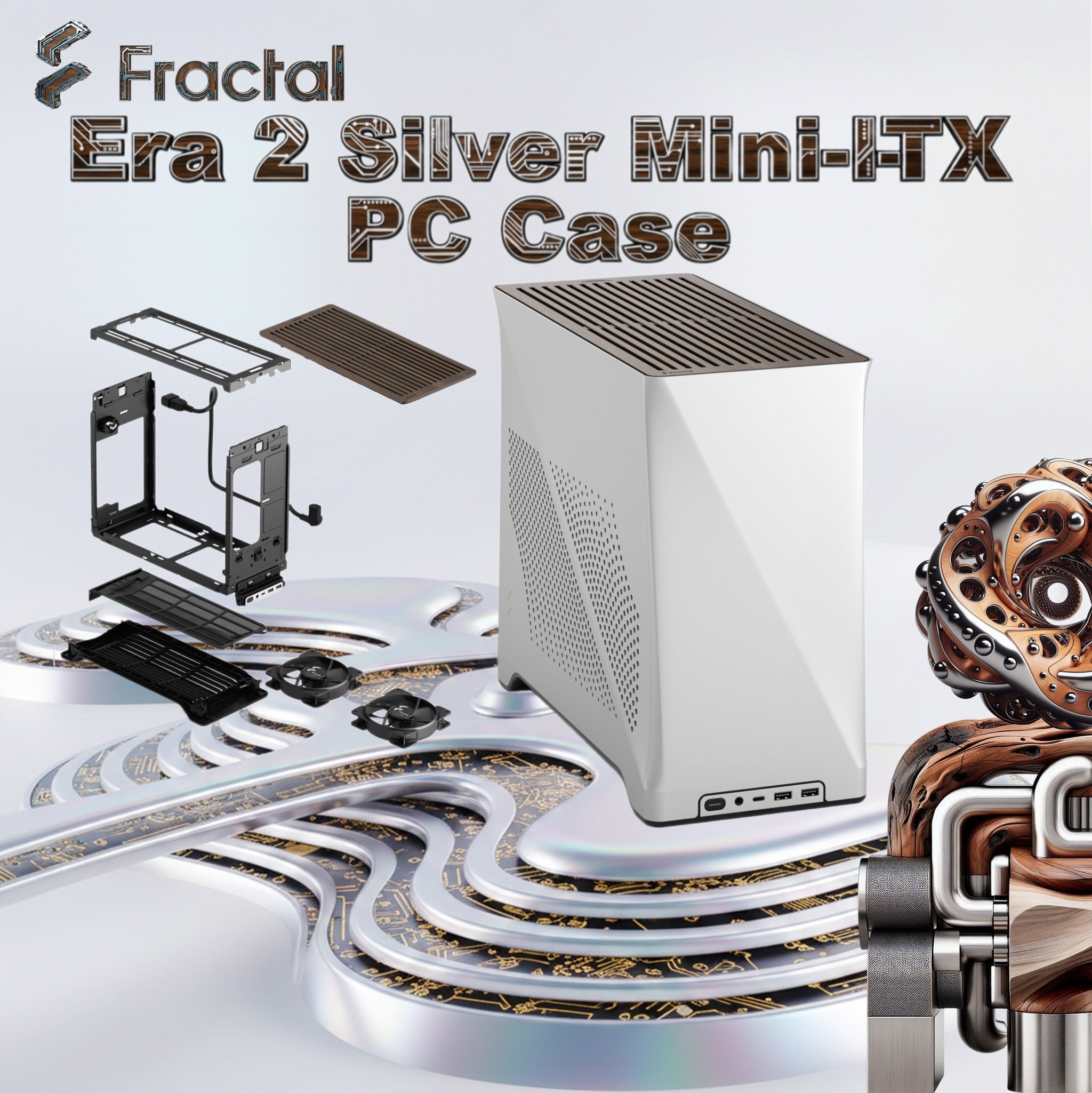 Fractal Era 2 Silver Mini-ITX PC Case With Anodized Aluminum Body, Walnut Top Panel, PCIe 4.0 Riser, 280 Mm AIO Support, Dual Aspect PWM Fans, 4×2.5-Inch Drive Mounts, 3-Slot GPU Compatibility ~ FD-C-ERA2N-01