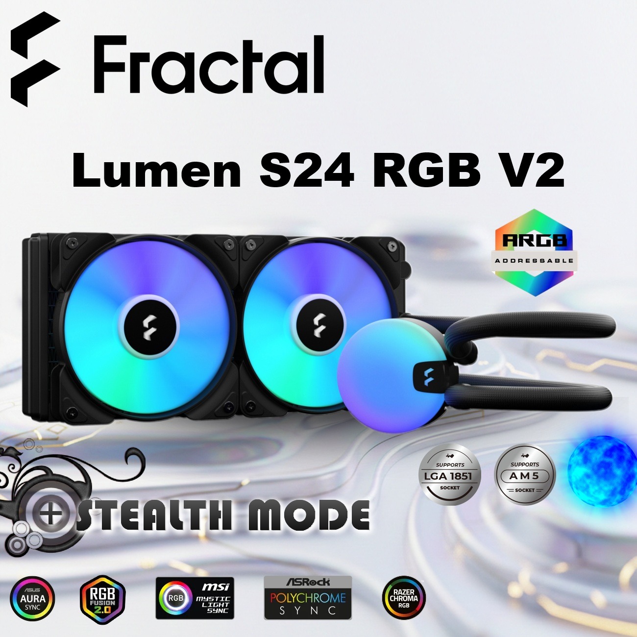 Fractal Lumen S24 RGB V2  ARGB Liquid Cooler With Six Addressable LEDs, Copper Cold Plate, Dual Aspect 12 RGB PWM Fans, Dark Stealth Mode, 400mm Tubes, And Wide Intel/AMD Socket Support | BLACK ~ FD-W-L1-S2412