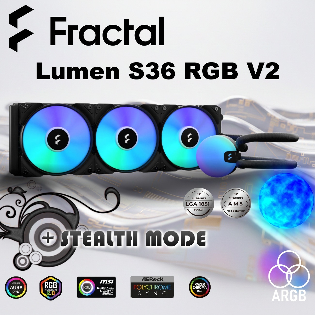 Fractal Lumen S36 RGB V2 AIO Liquid Cooler – 360mm Radiator, Triple Aspect 12 RGB PWM Fans, Six-LED ARGB Pump, Dark Stealth Mode, Rotatable Top, Pre-Applied Paste, LGA 1851/1700 & AM5 Support | BLACK ~ FD-W-L1-S3612