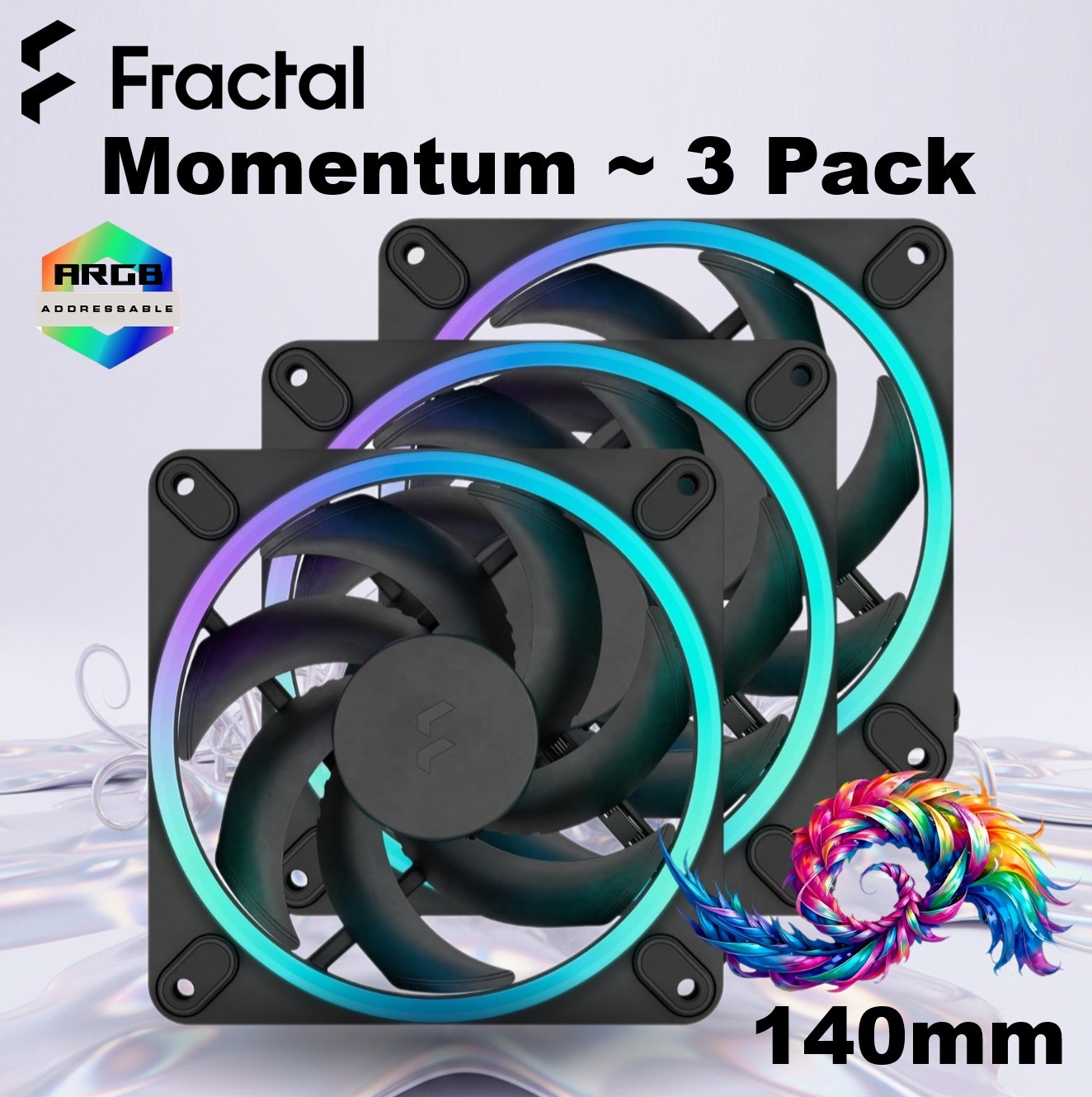 FD-F-MR1-1403 FRACTAL DESIGN MOMENTUM 14 ARGB 140MM PWM 3 PACK FANS Fractal Momentum 14 RGB 3-Pack High-Airflow 140mm Fans With ARGB Gen 2 Lighting, LCP Blades, FDB Bearing, PWM Control, Zero RPM Mode, High Static Pressure And Low Noise ~ Black FD-F-MR1-1403