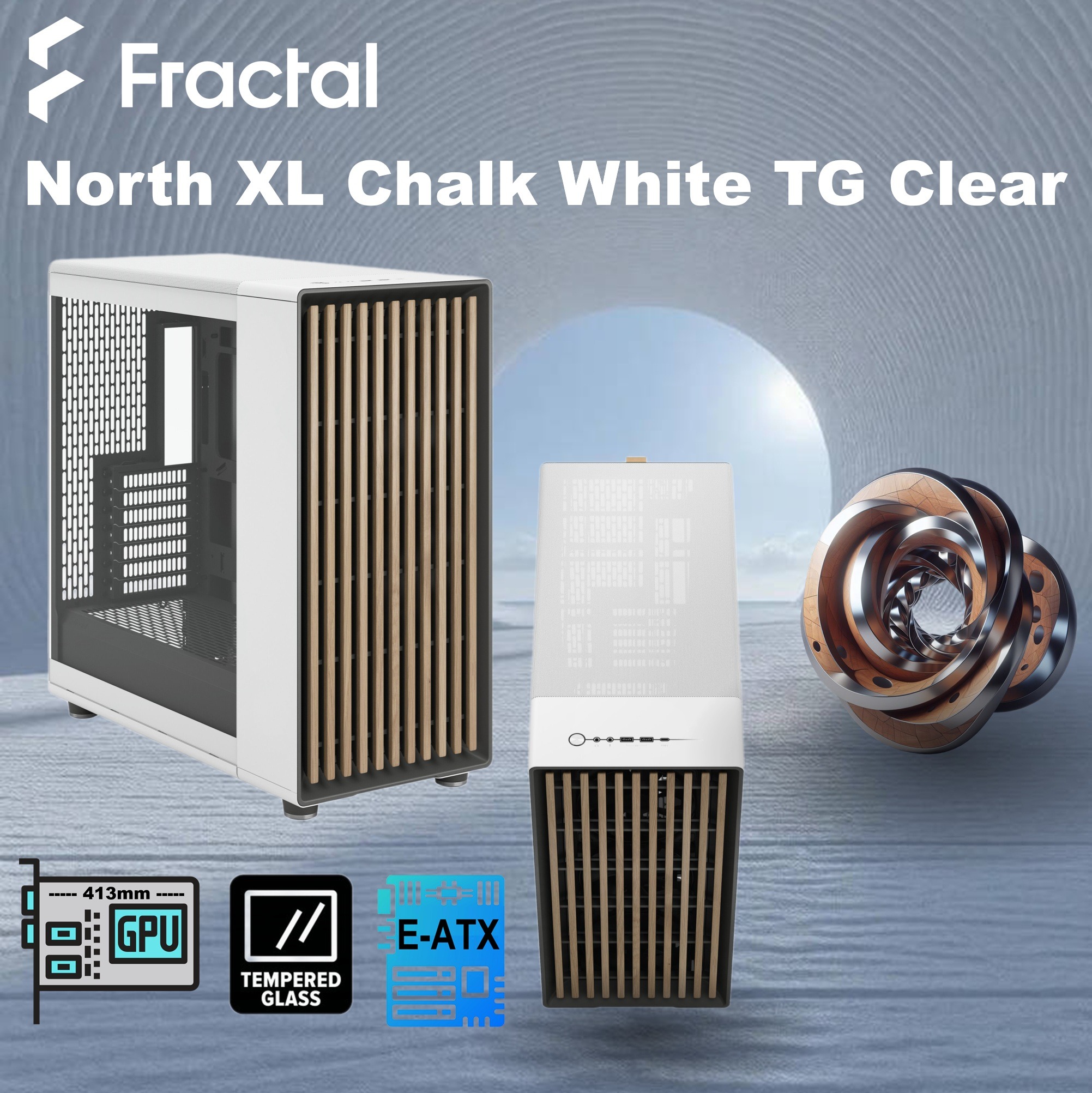 FD-C-NOR1X-04 Fractal North XL Mid-Tower CASE CHALK WHITE CLEAR TINT Fractal North XL Chalk White TG Clear PC Case – Tempered Glass Side Panel, E-ATX Support, 420 mm Radiator Capacity, 413 mm GPU Clearance, 3× 140 mm Aspect PWM Fans, Mesh Top & Wood Front Design ~ FD-C-NOR1X-04