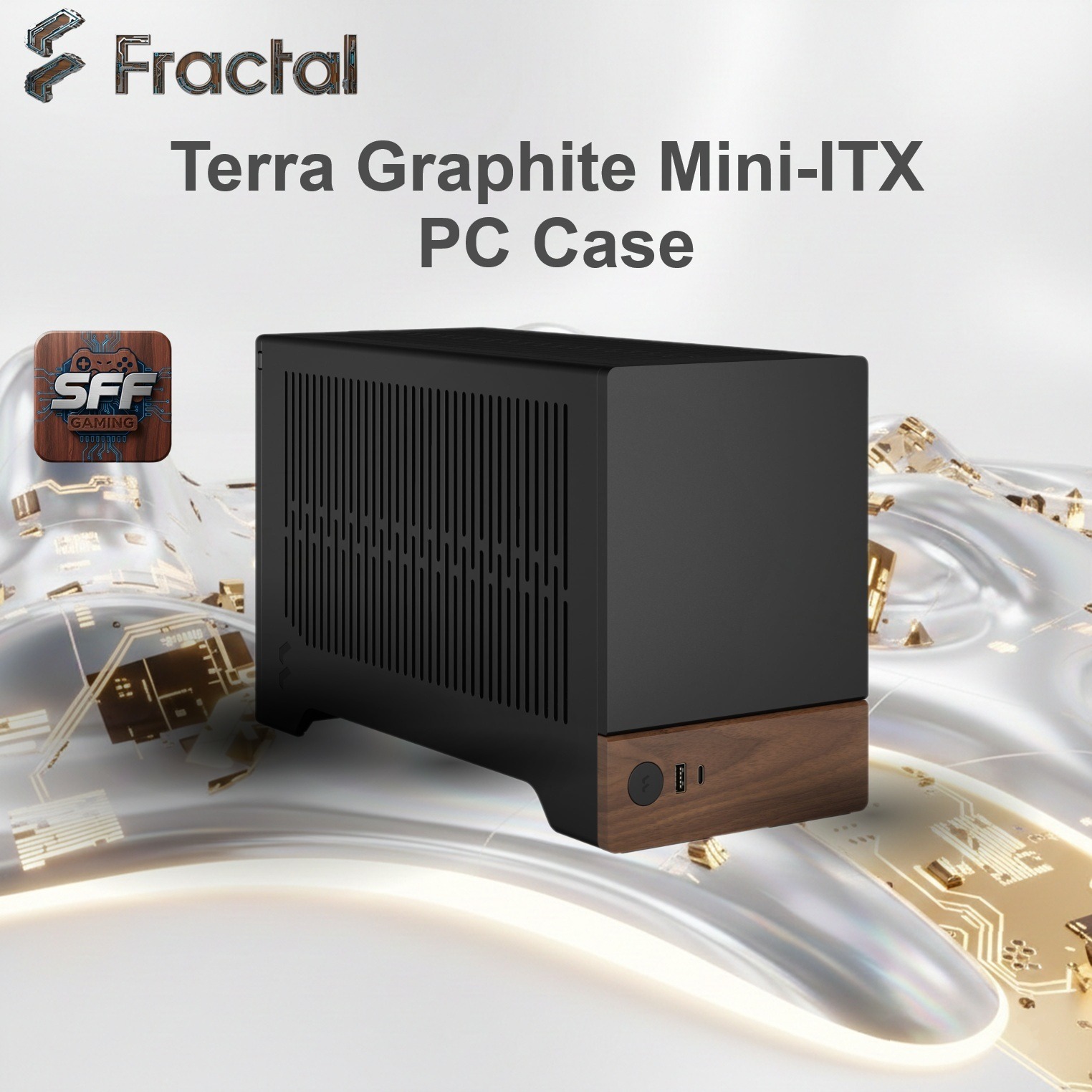 FD-C-TER1N-01 FRACTAL DESIGN TERRA GRAPHITE MINI ITX USB 3.2 CASE Fractal Terra Graphite Mini-ITX Case With Solid Walnut Front, 8mm Aluminum Panel, PCIe 4.0 Riser, Adjustable Spine, 322mm GPU Support, SFX PSU, Dual SSD Mounts ~ FD-C-TER1N-01