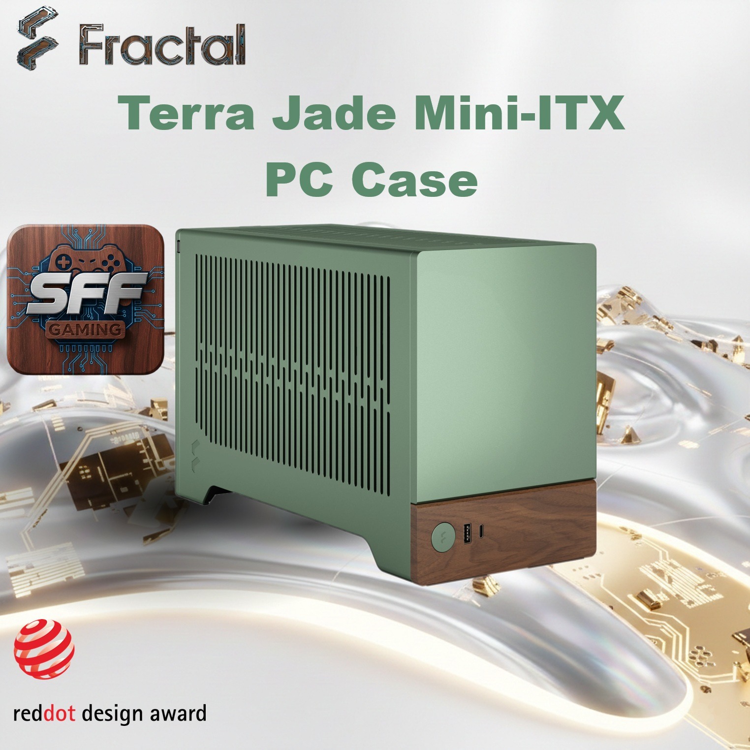 Fractal Terra JADE Mini-ITX PC Case With Walnut Front, 8mm CNC Aluminum, PCIe 4.0 Riser, Adjustable 30mm Spine, 322mm GPU Clearance, SFX PSU Support, 2× SSD Mounts ~ FD-C-TER1N-03