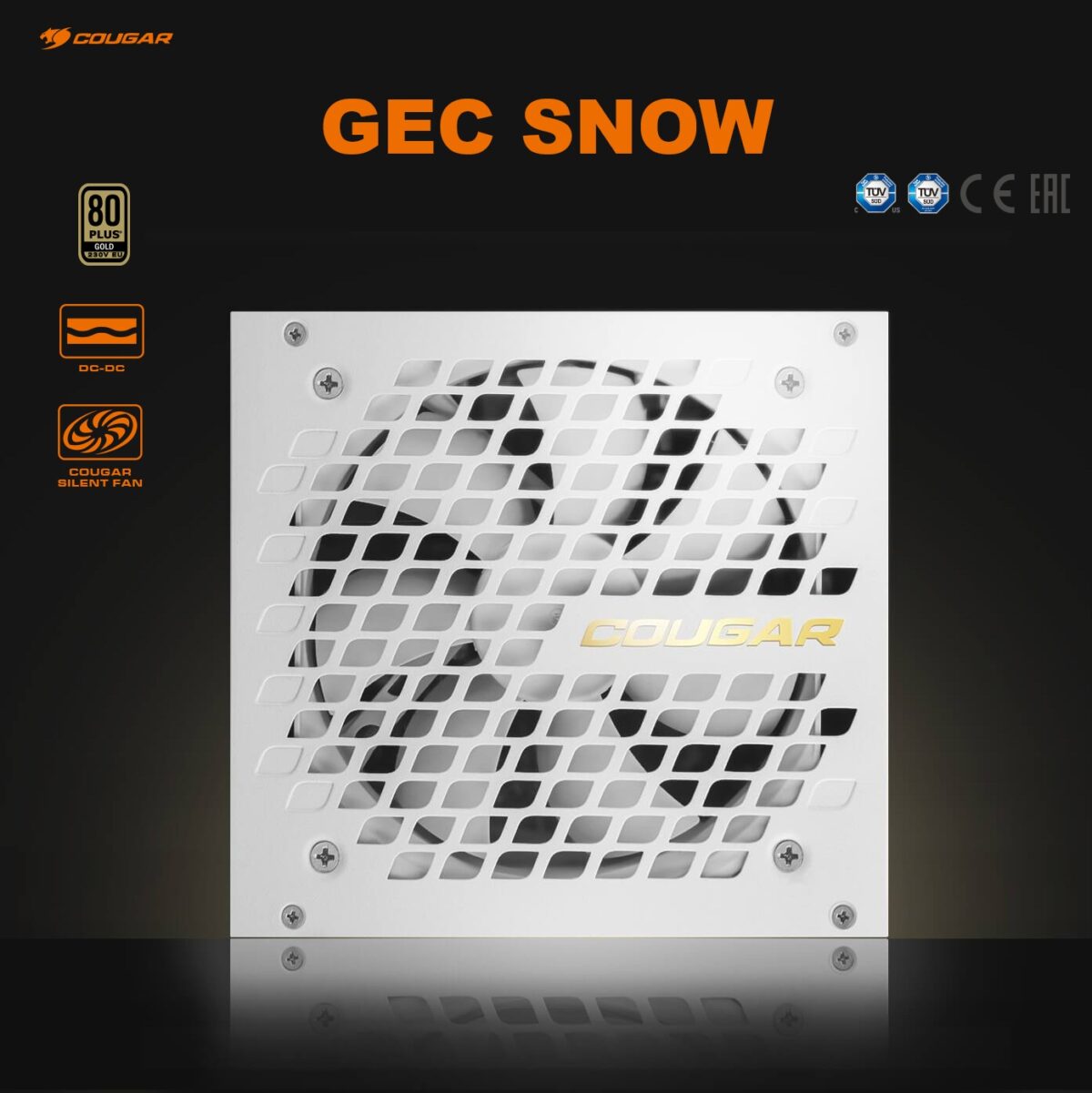 Cougar GEC Snow 750 Gold PSU – High-Efficiency 80Plus 230V EU Power, DC-To-DC Stability, Ultra-Silent 120mm Fan, Single 12V Rail, PCIe 4.0 Support, Full Protections, White Compact Design