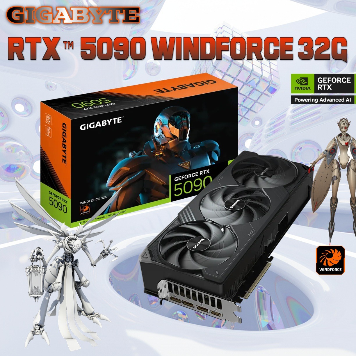 9VN5090W-00-G10 GIGABYTE RTX 5090 WINDFORCE 32GB 3XFANS Gigabyte GeForce RTX 5090 WINDFORCE 32G Graphics Card With 32GB GDDR7 512-Bit, 2407MHz Core Clock, 21760 CUDA, Hawk Fans, Dual BIOS, Vapor Chamber Cooling, And PCI-E 5.0 | BLACK 