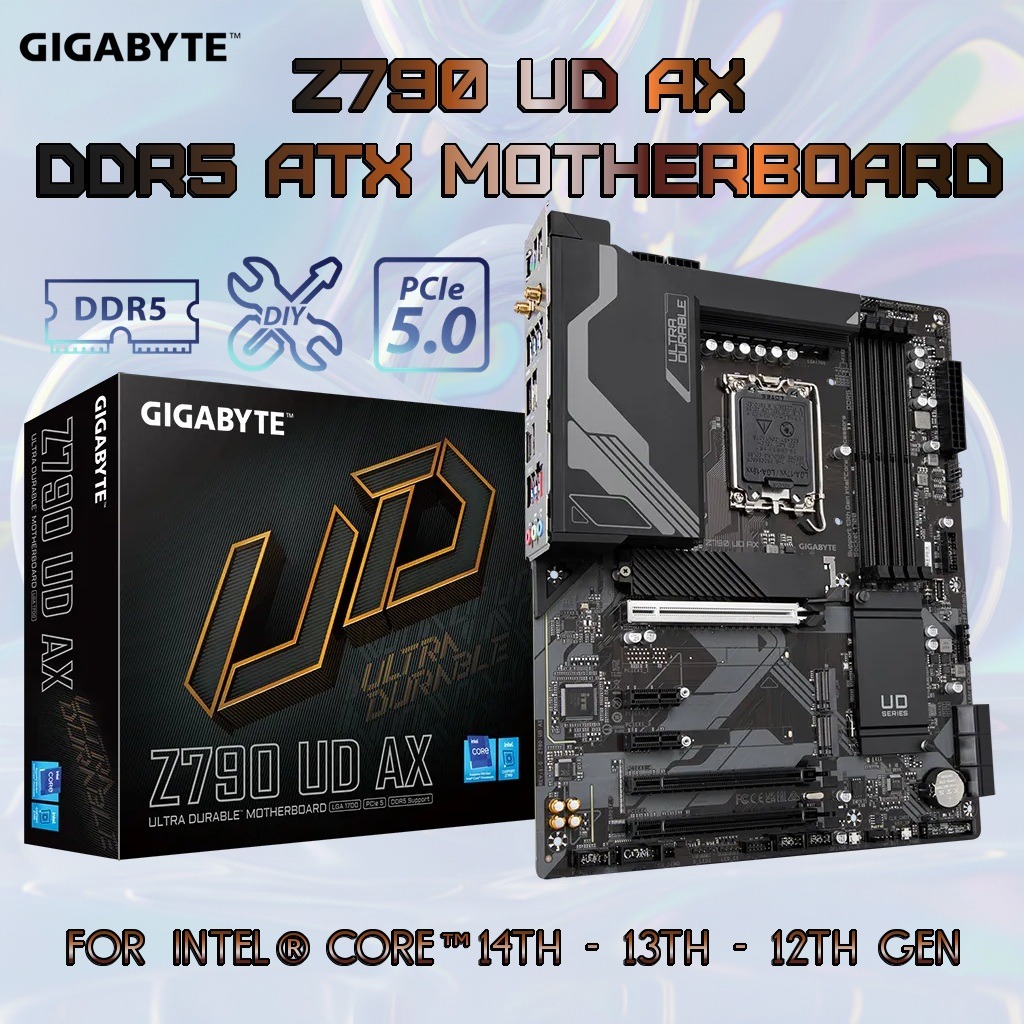 9MZ79UDAX-00-G11 GIGABYTE Z790 UD AX DDR5 MOTHERBOARD GIGABYTE Z790 UD AX  DDR5 ATX Motherboard – LGA1700 Support for Intel 14th/13th/12th Gen CPUs, DDR5 7600(O.C.), PCIe 5.0 x16, Triple M.2 PCIe 4.0, Wi-Fi 6E + 2.5GbE LAN, USB-C 20Gbps, Q-Flash Plus, Smart Fan 6