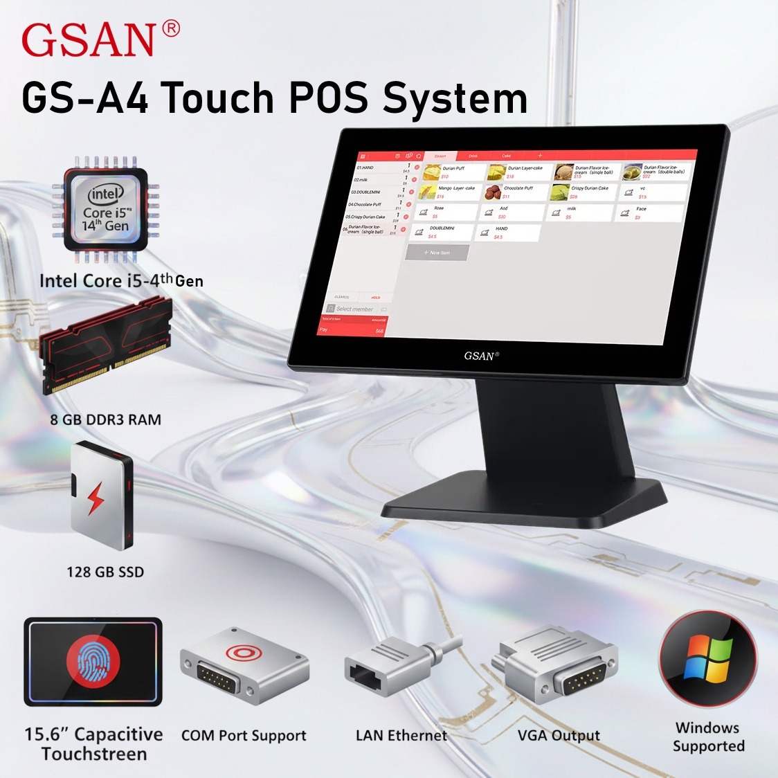 GS-A4  POS Terminal With 15.6” Touch Capacitive Display, Intel Core i5 4th Gen, 8GB DDR3, 128GB SSD, Multiple USB & COM Ports, Windows Support