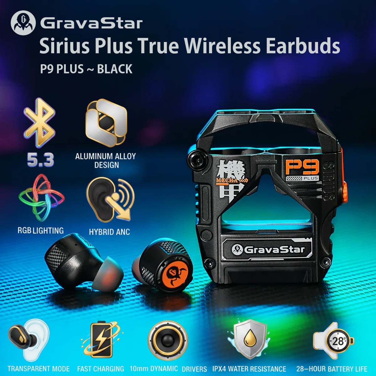 GravaStar Sirius Plus True Wireless Earbuds With Bluetooth 5.3, Hybrid ANC, 10mm Dynamic Drivers, RGB Ambient Lighting, 28-Hour Playtime, IPX4 Water Resistance | P9 PLUS ~ BLACK 