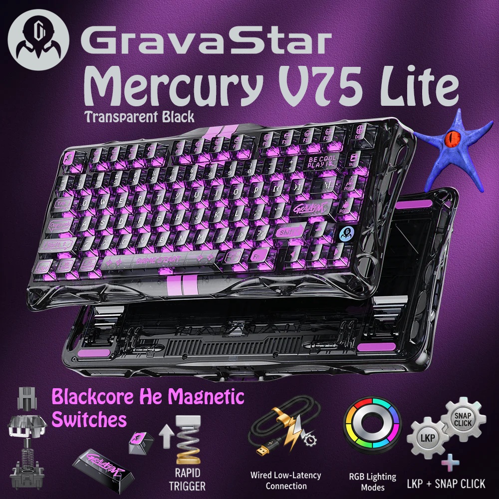 GravaStar Mercury V75 Lite Transparent 75% Mechanical Keyboard with RGB Blackcore HE Magnetic Switch Keyboard, Wired Low-Latency, 0.01mm Precision, Adjustable Actuation, Rapid Trigger, Hot-Swappable, Windows & macOS ,| Transparent Black