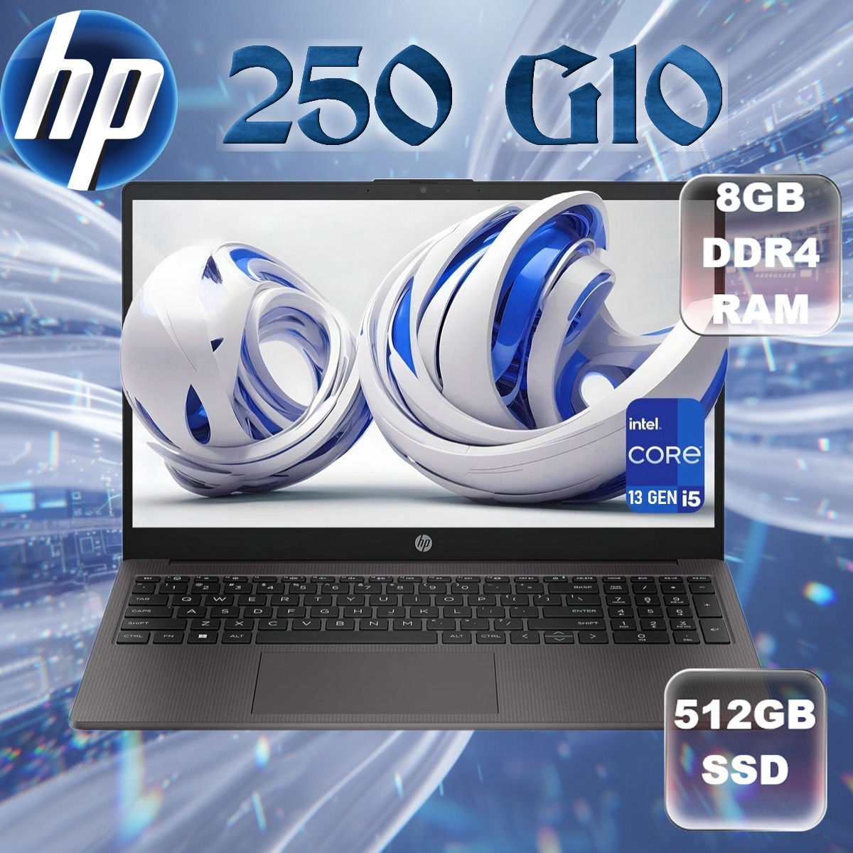 HP 250 G10 :  Intel® Core i5-1334U | 8GB DDR4 RAM, 512GB NVMe® SSD | Integrated Graphics | 15.6-inch FHD IPS Display | DOS | En/AR Keyboard | Dark Ash Silver ~ AK9P9AT#ABB