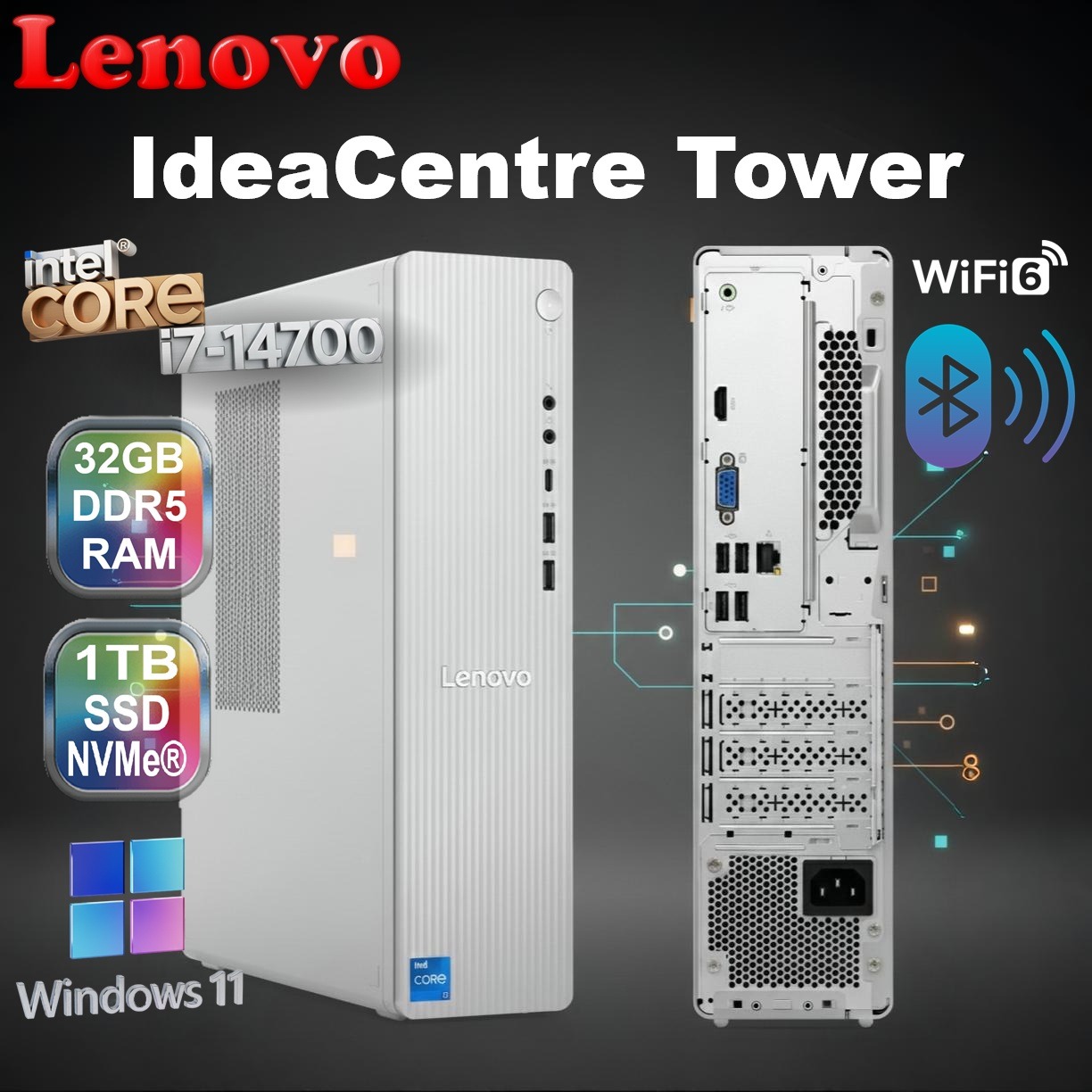 Lenovo IdeaCentre Tower 08IRR9 - Intel® Core i7-14700 | 32GB DDR5 RAM , 1TB SSD NVMe | Intel® UHD Graphics 770 | Wi-Fi® 6, BT5.2 | HDMI 2.1, USB-C, 260W PSU | Windows 11 | Luna Grey (8.2L) 