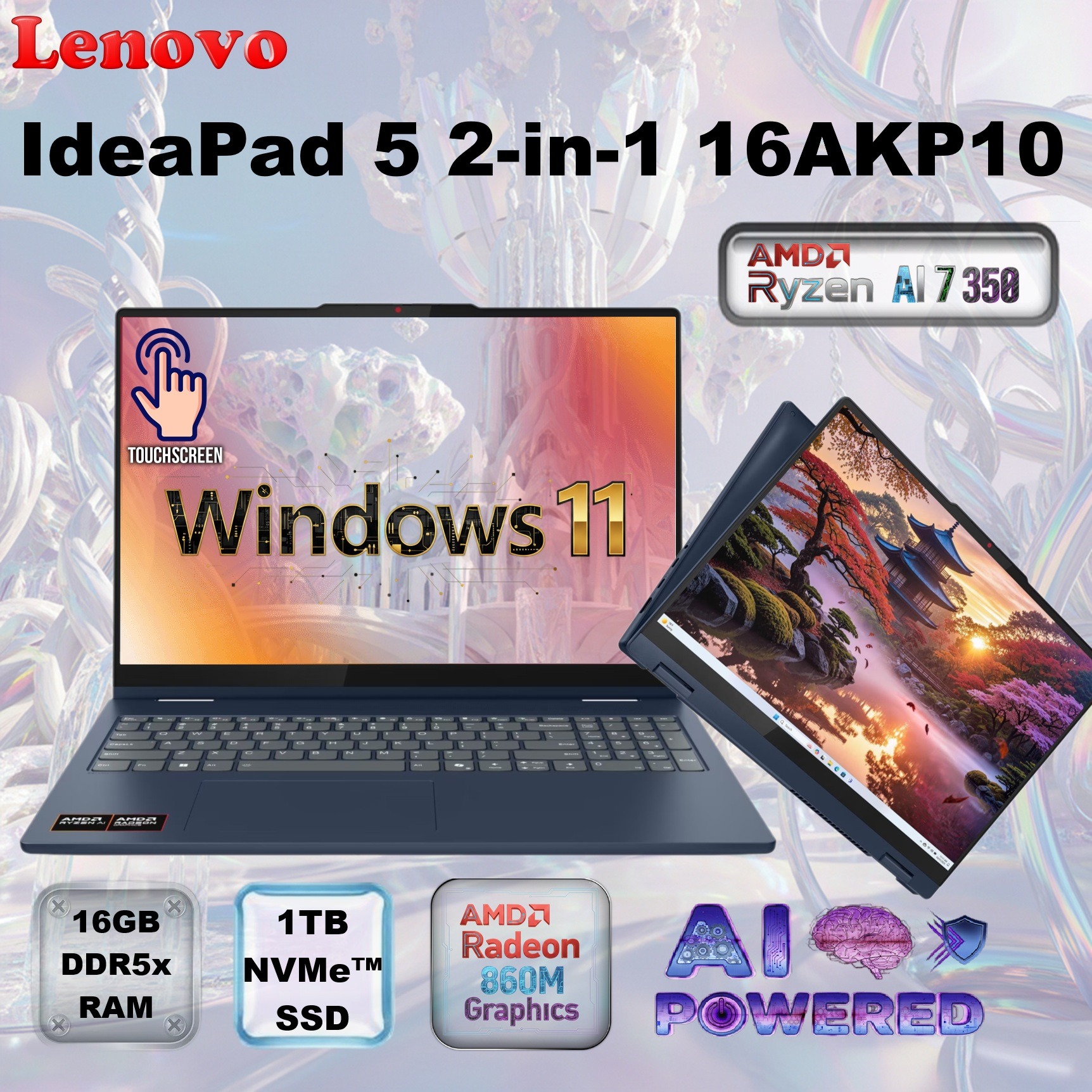 83KU0013US-OPENBOX LENOVO IDEAPAD 5 2 IN 1 16AKP10 AMD RYZEN AI 7 350 16GB RAM/1TB SSD/16.0"WUXGA/WIN11-COSMI Lenovo IdeaPad 5 2-in-1 16AKP10 - AMD Ryzen AI 7 350 up to 50 TOPS | 16GB  LPDDR5x RAM ; 1TB SSD NVMe® | AMD Radeon™ 860M Graphics | 16-inch WUXGA IPS Touchscreen | Backlit Keyboard | Windows 11 |Cosmic Blue