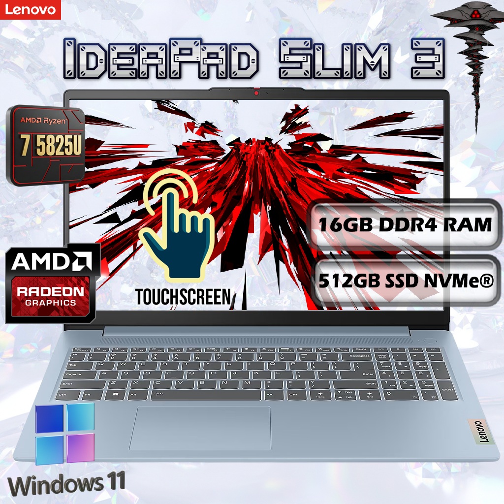 Lenovo IdeaPad Slim 3 15ABR8 15.6 Inch FHD IPS Touch Ryzen 7 5825U 16GB DDR4 512GB NVMe SSD Wi-Fi 6 Windows 11 Home Laptop