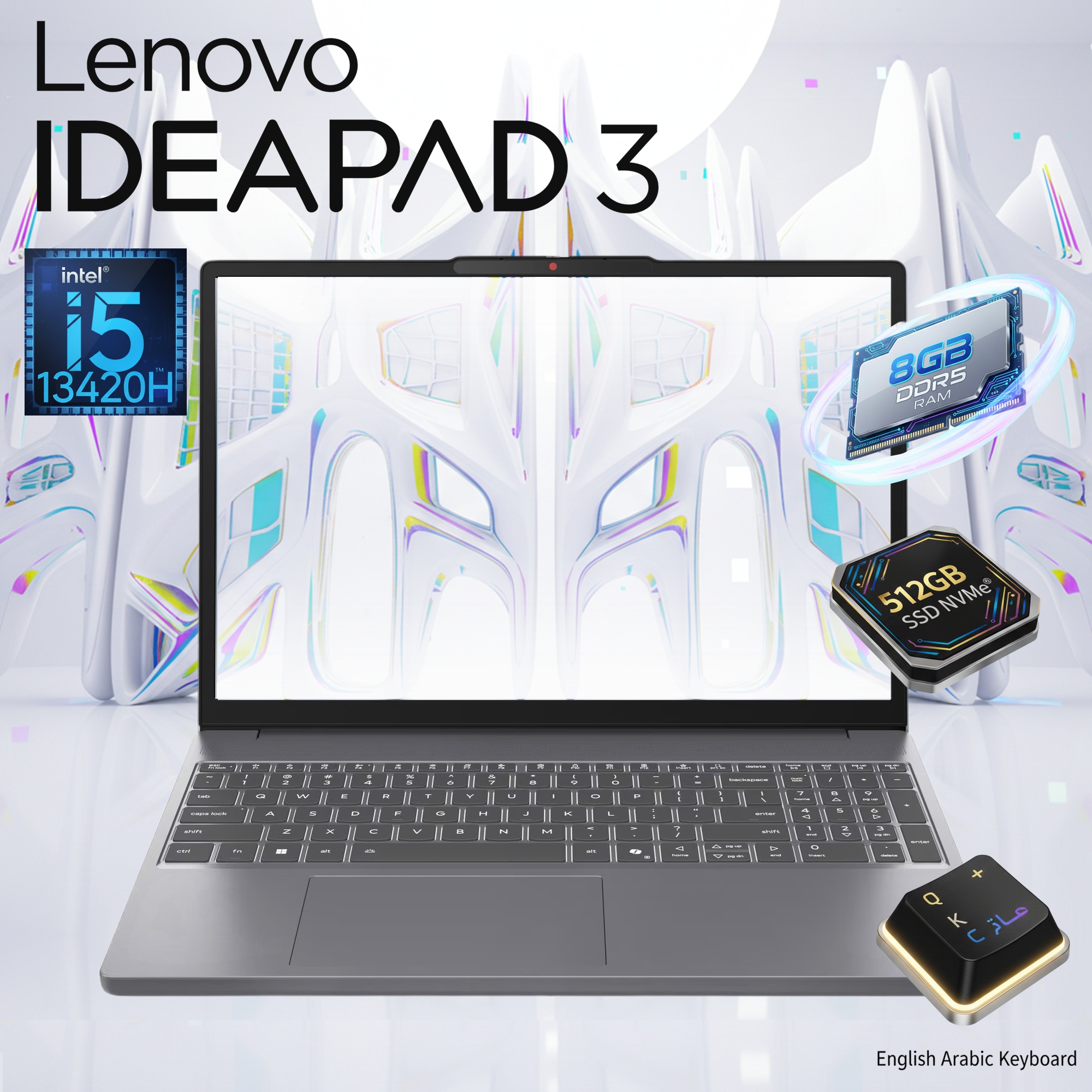 LENOVO IdeaPad Slim 3 15IRH10 Intel® Core i5-13420H | 8GB DDR5 RAM , 512GB SSD NVMe® | Intel® UHD Graphics | 15.3" WUXGA (1920x1200) IPS Display | Eng/Ara Keyboard | DOS | Luna Grey