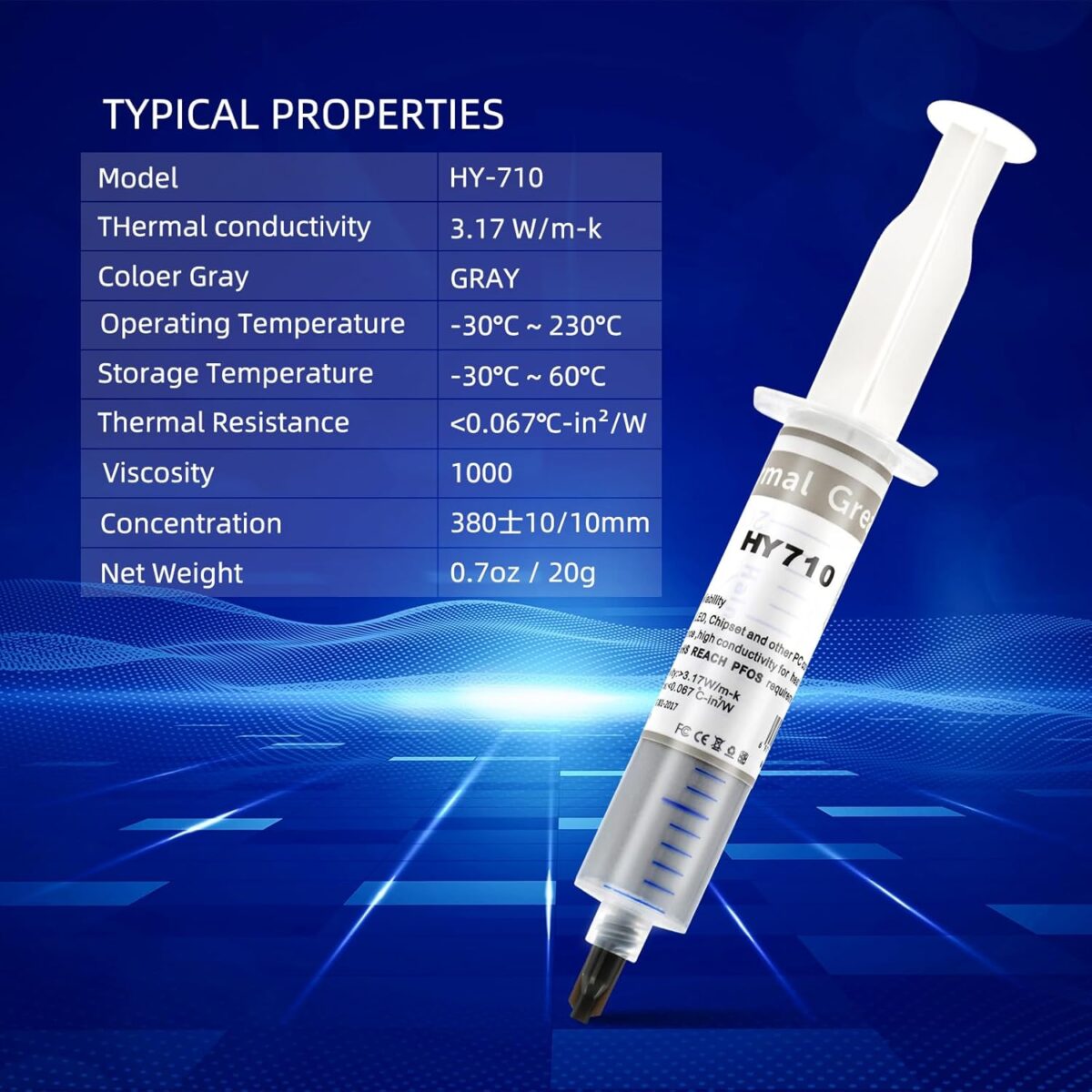HY710 Silver Thermal Grease 25g Syringe With 3.17W/m-k Conductivity, Low 0.067°C-in²/W Impedance, Wide -20~180°C Operation Range, DIY-Ready Silver Formula For CPU GPU Cooling